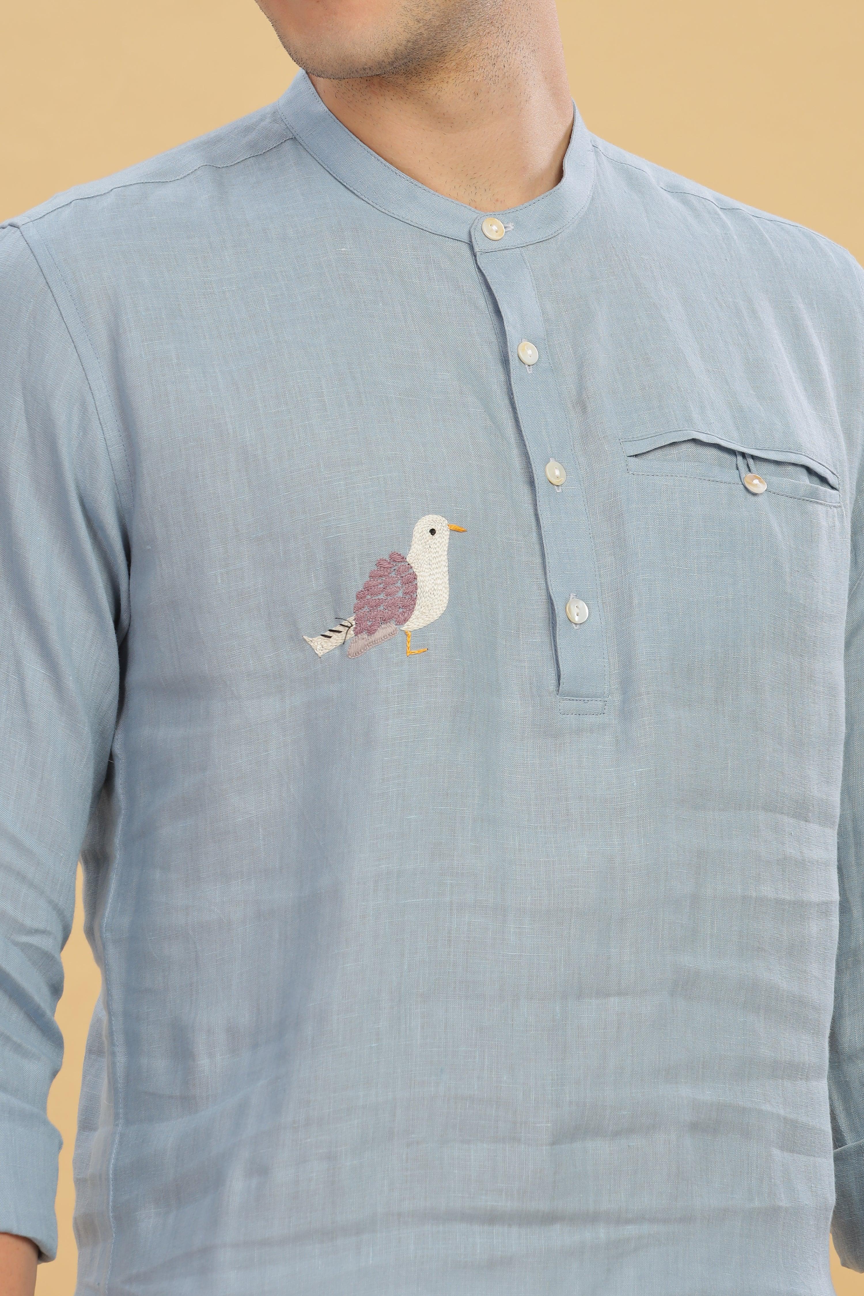MILANO -Pure Linen Bird Embroidery Light Blue Grey Shirt