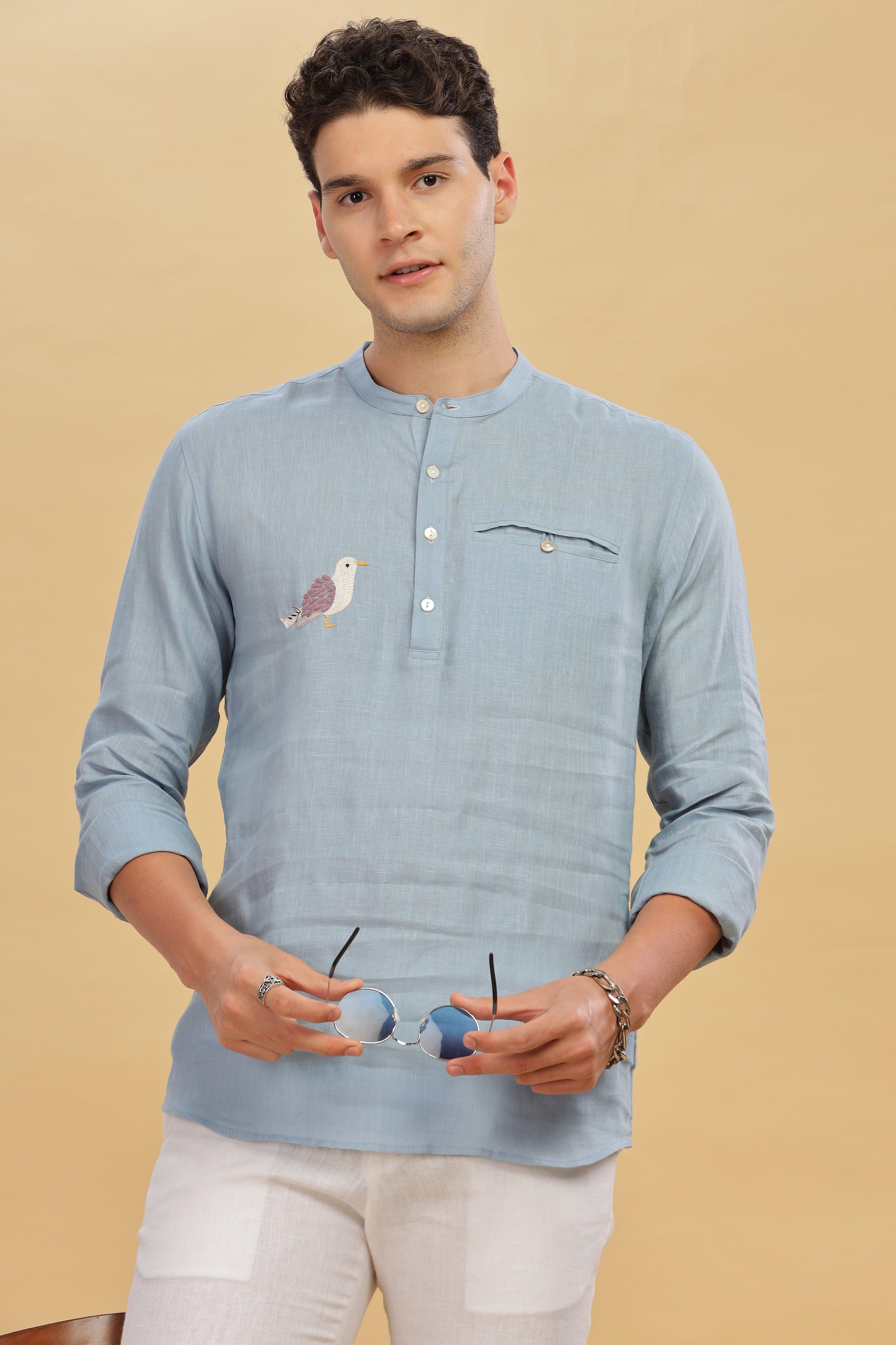 MILANO -Pure Linen Bird Embroidery Light Blue Grey Shirt