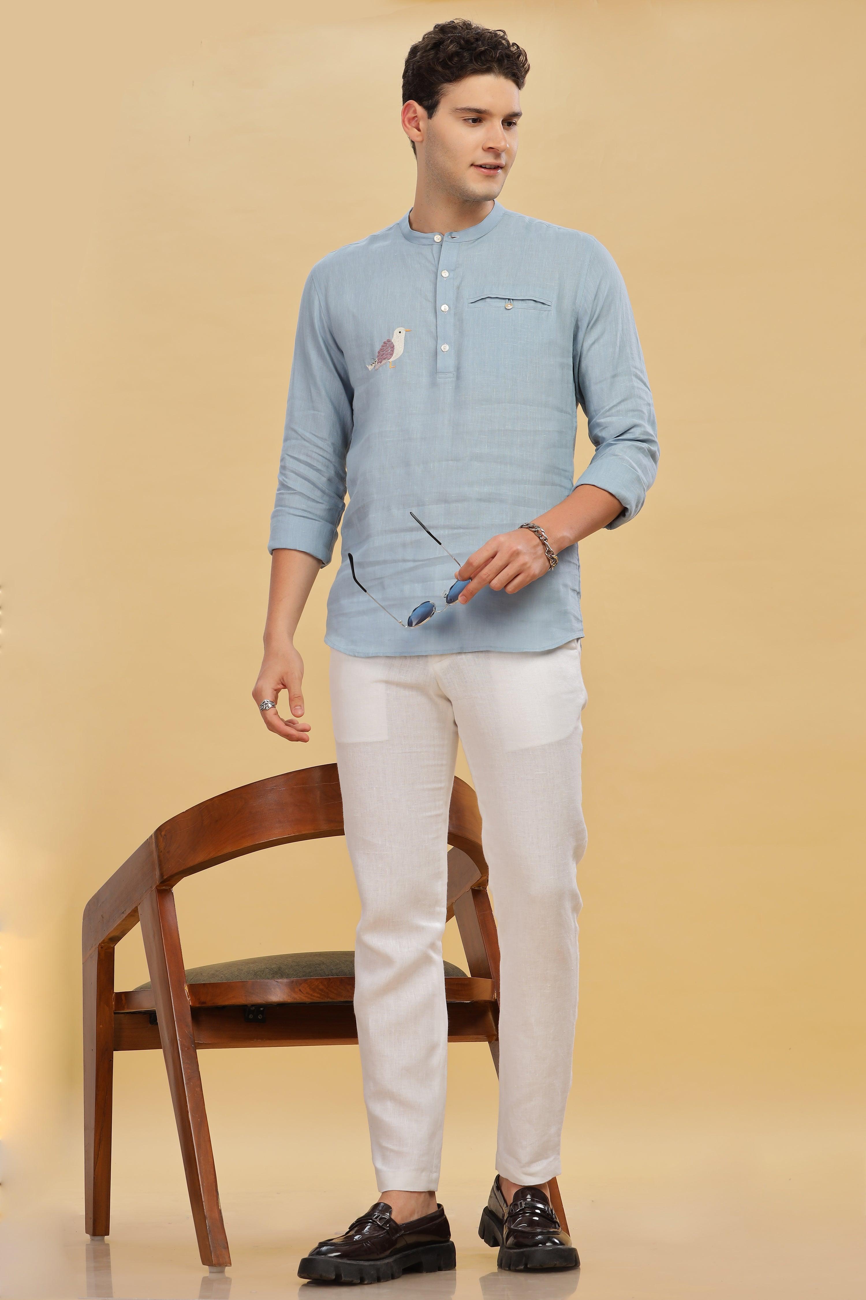 MILANO -Pure Linen Bird Embroidery Light Blue Grey Shirt