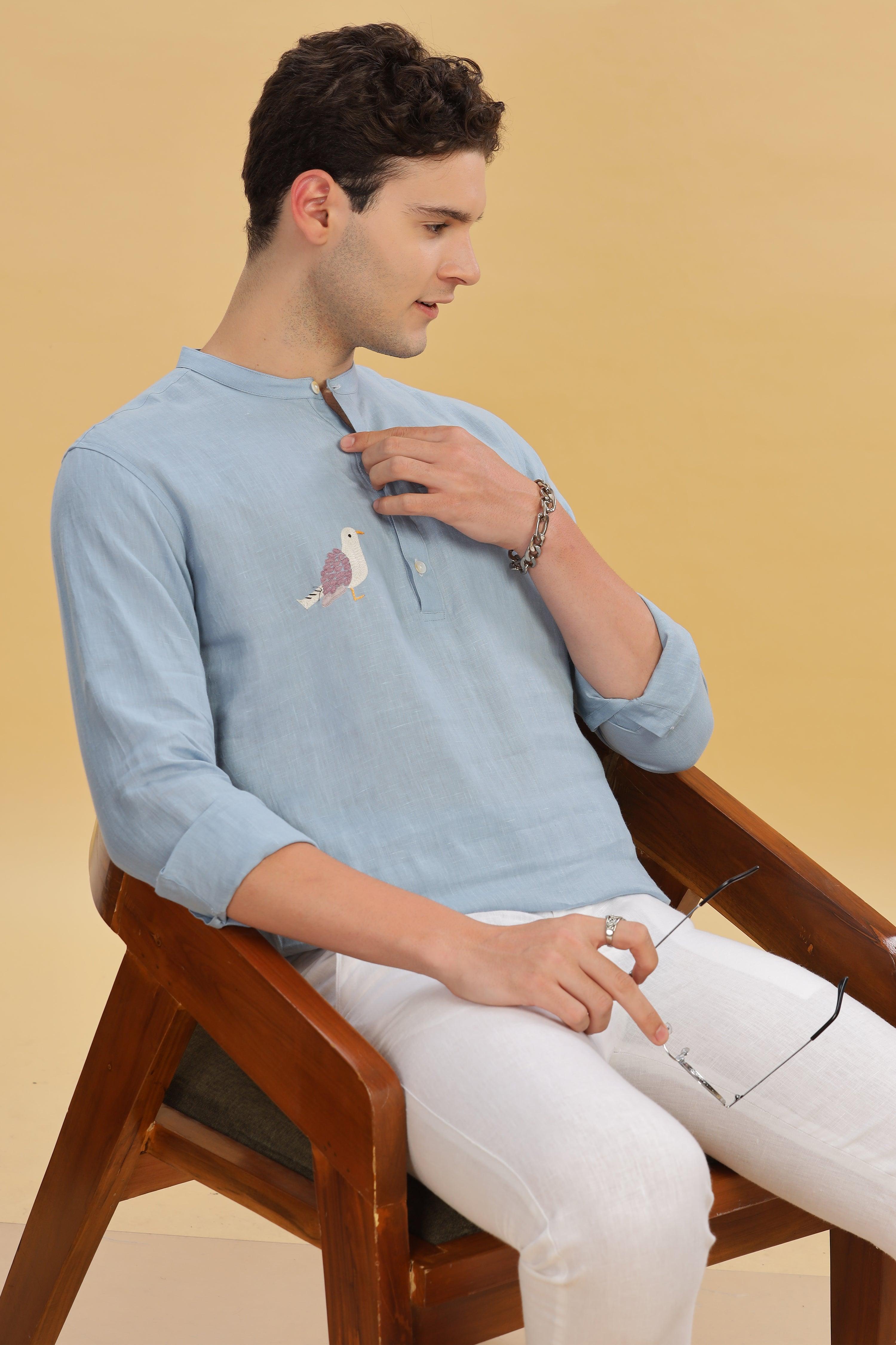 MILANO -Pure Linen Bird Embroidery Light Blue Grey Shirt