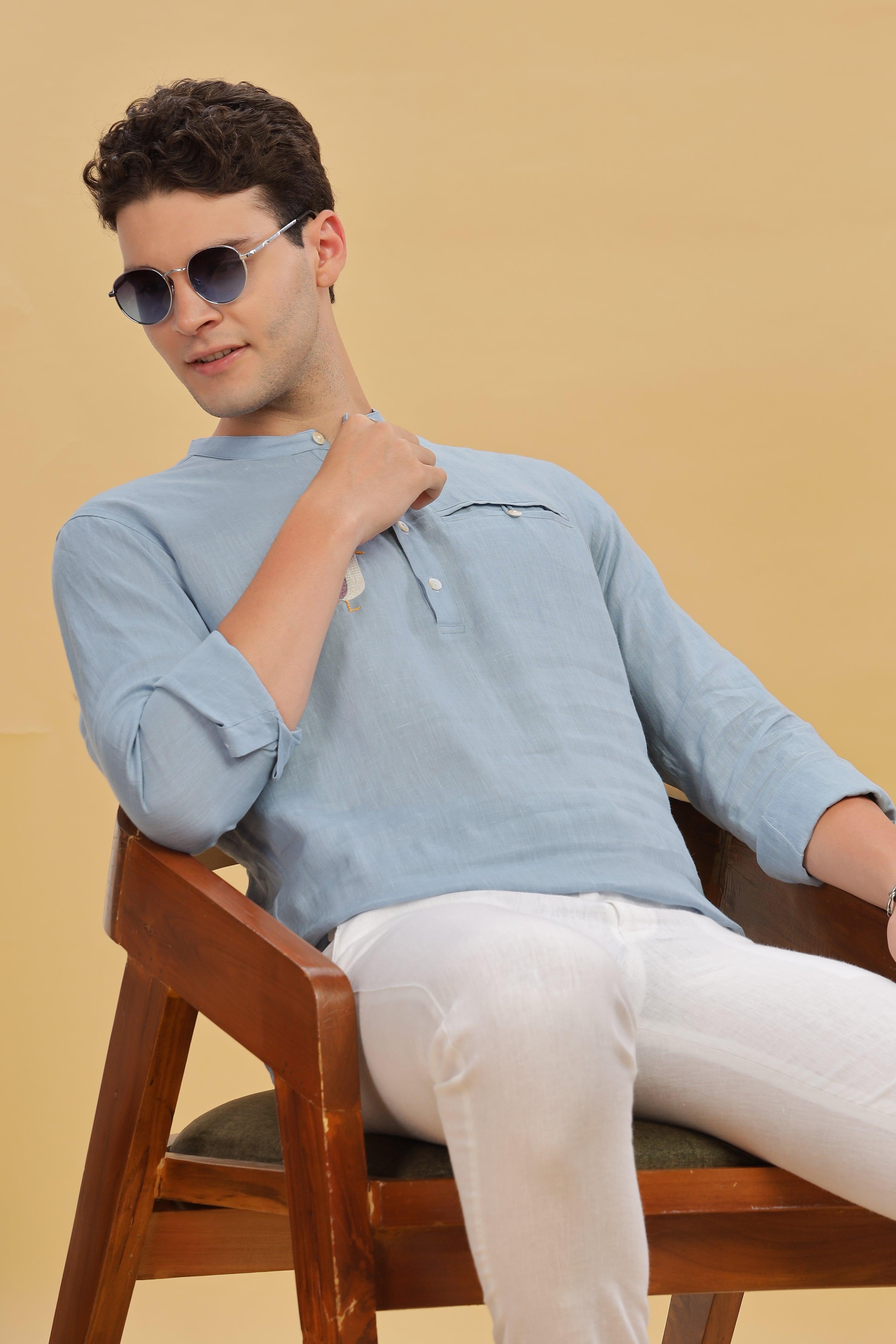 MILANO -Pure Linen Bird Embroidery Light Blue Grey Shirt