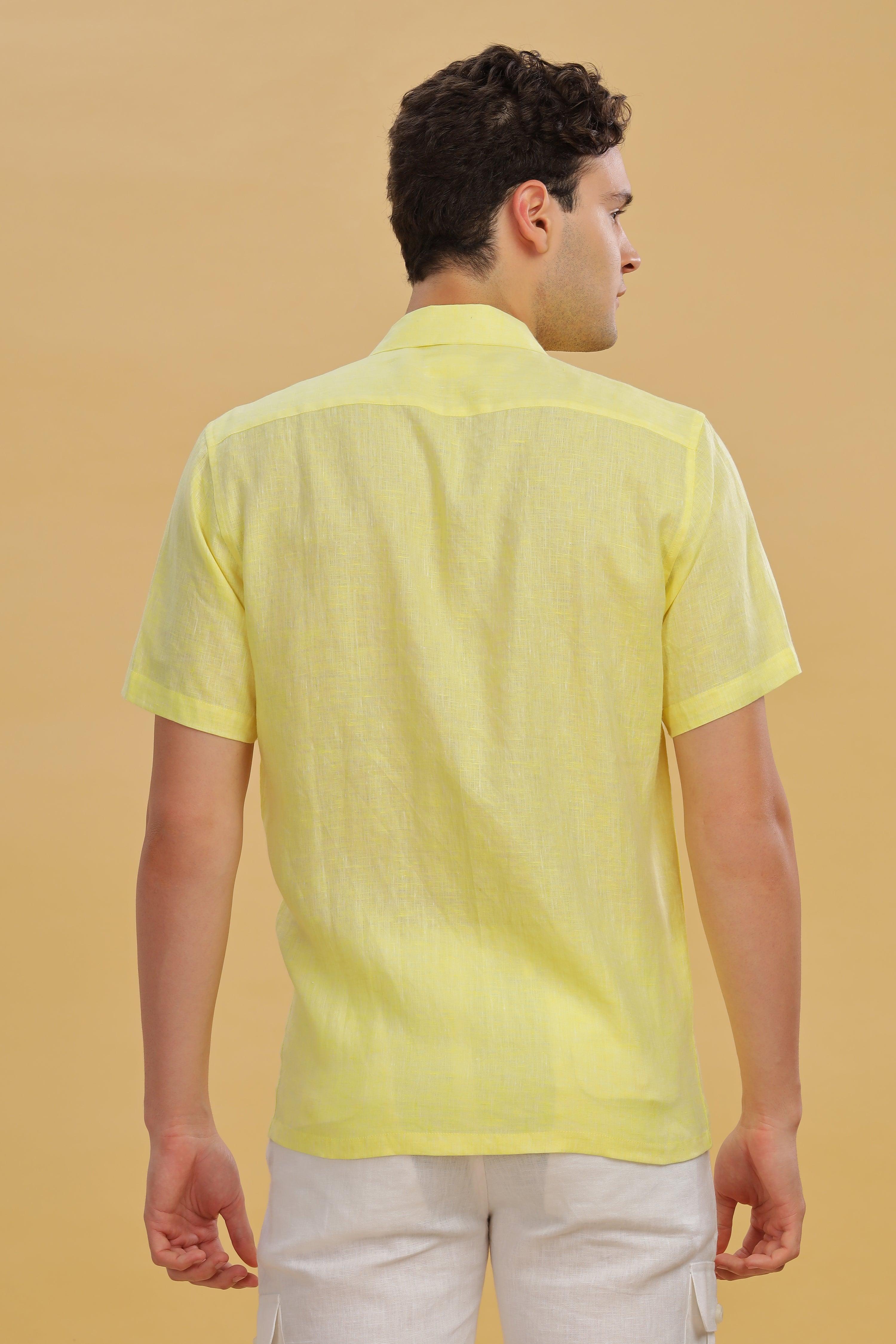 KANE - 100% Pure Linen Cuban Collar Light Yellow Chambray Shirt