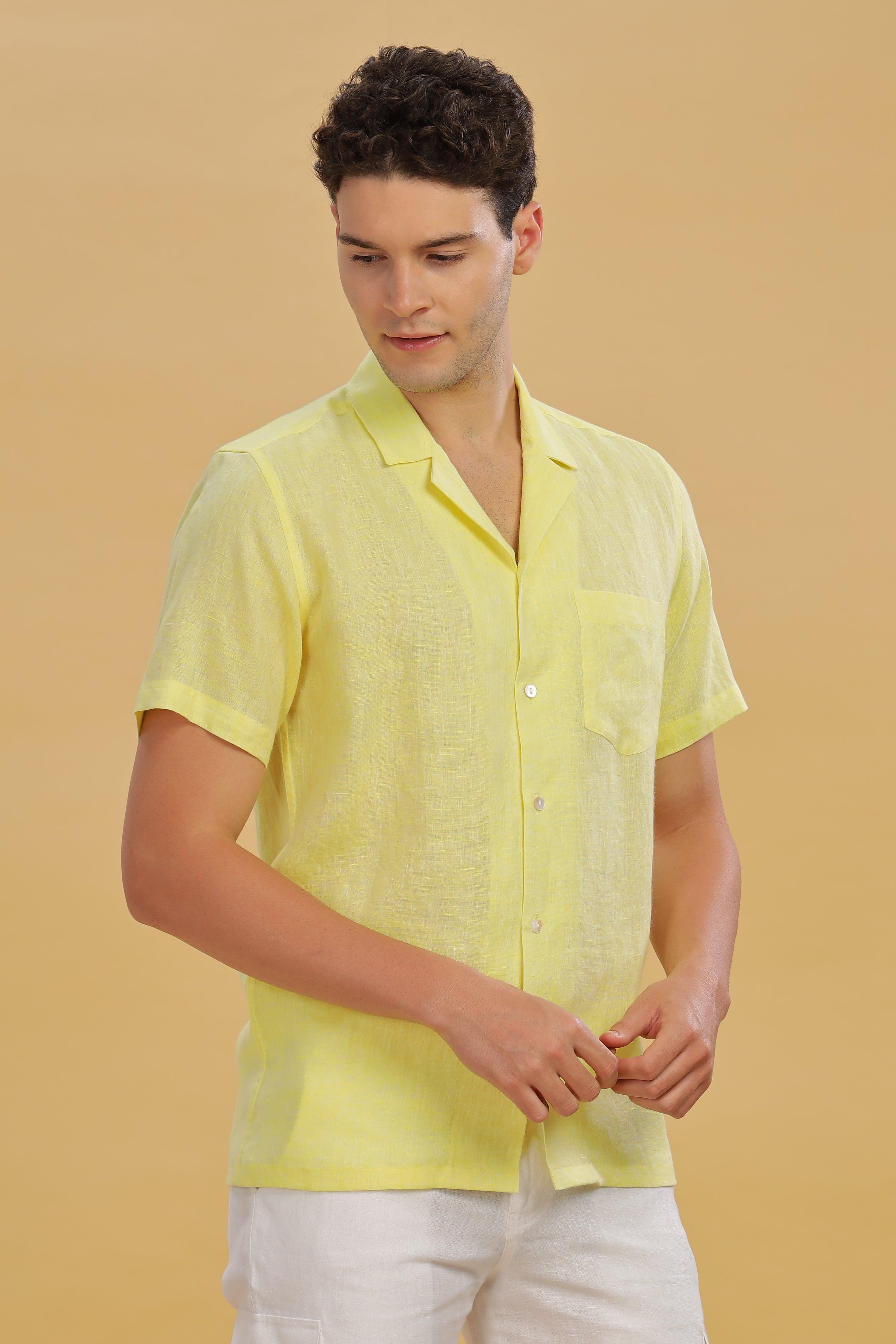 KANE - 100% Pure Linen Cuban Collar Light Yellow Chambray Shirt
