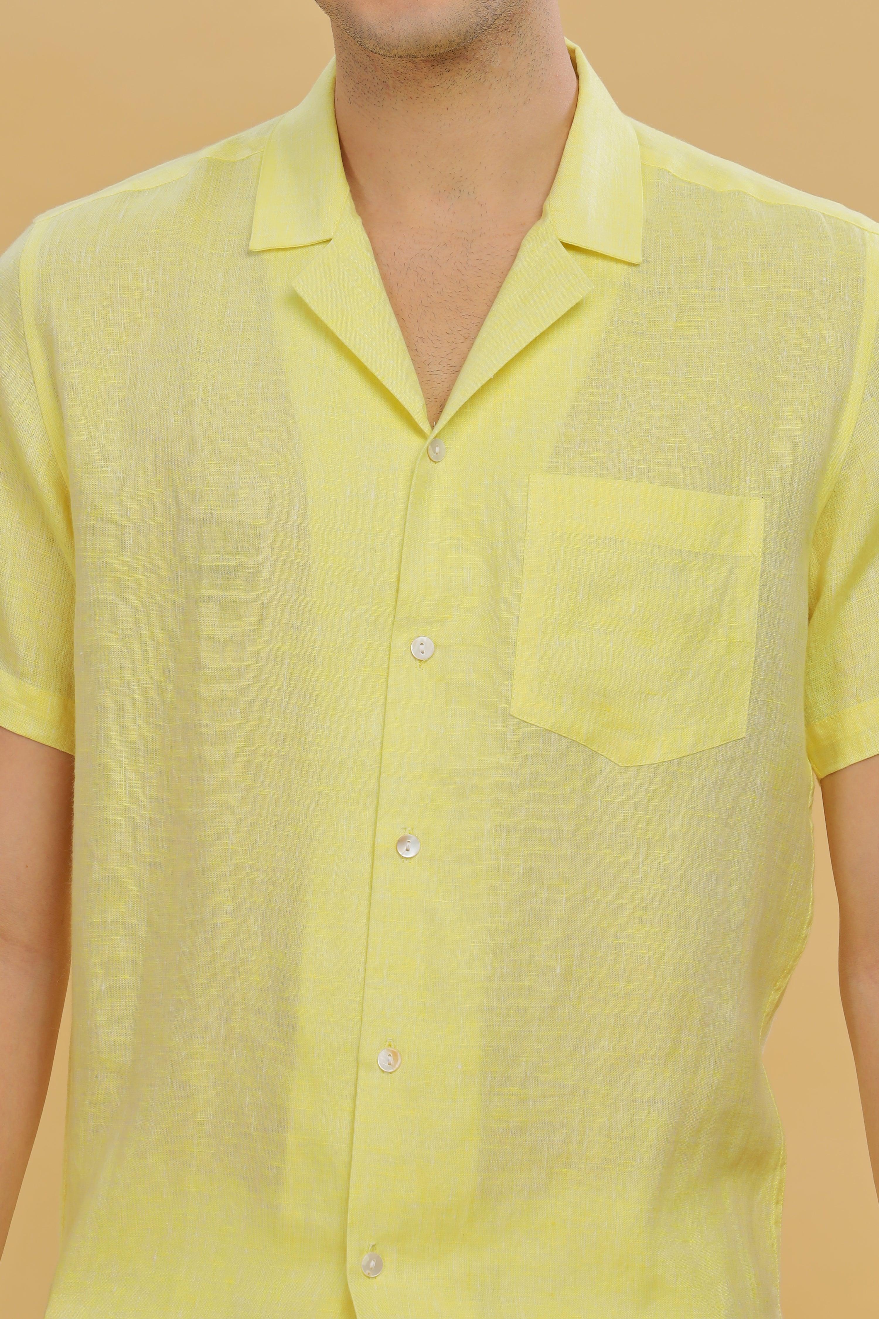 KANE - 100% Pure Linen Cuban Collar Light Yellow Chambray Shirt