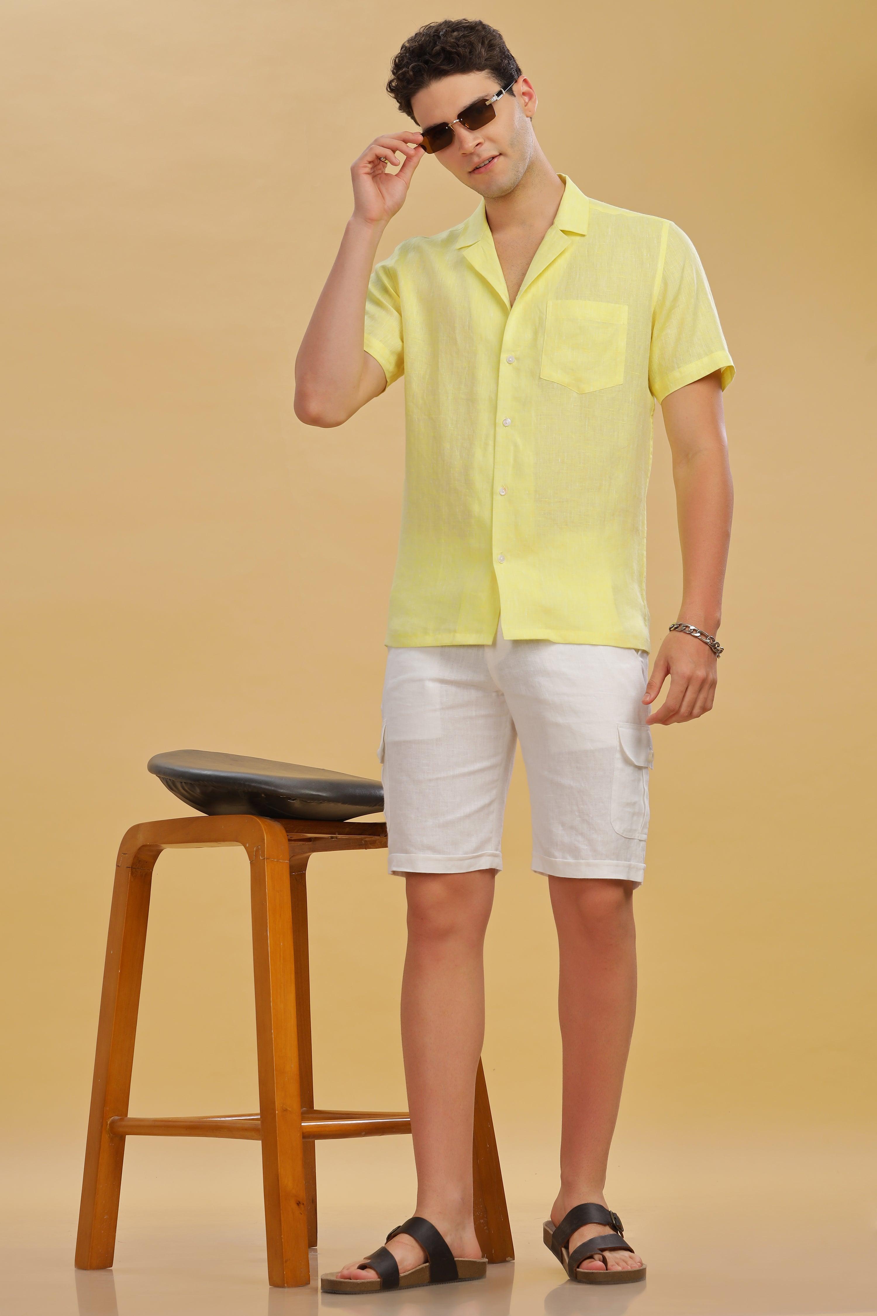 KANE - 100% Pure Linen Cuban Collar Light Yellow Chambray Shirt