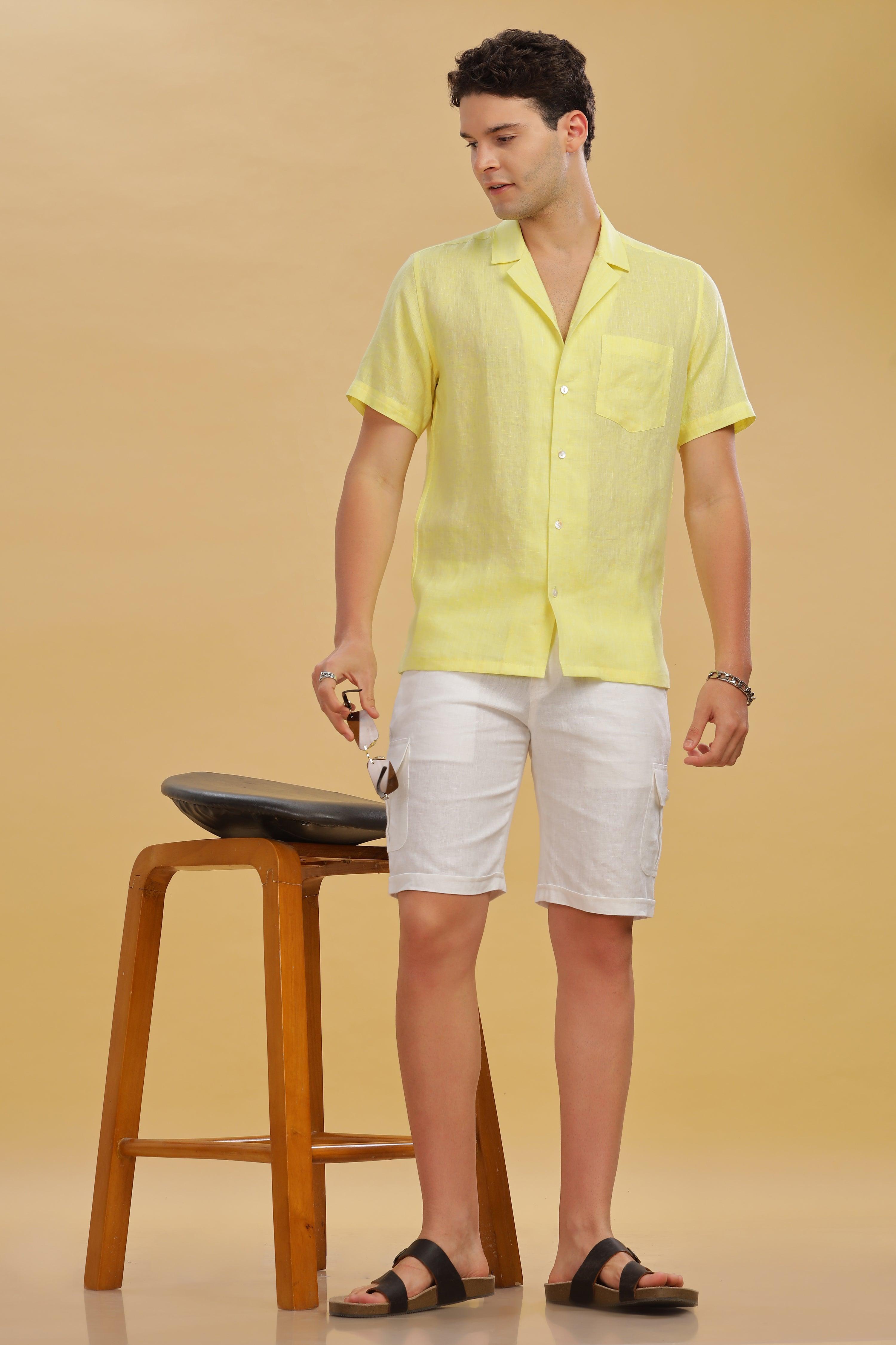 KANE - 100% Pure Linen Cuban Collar Light Yellow Chambray Shirt