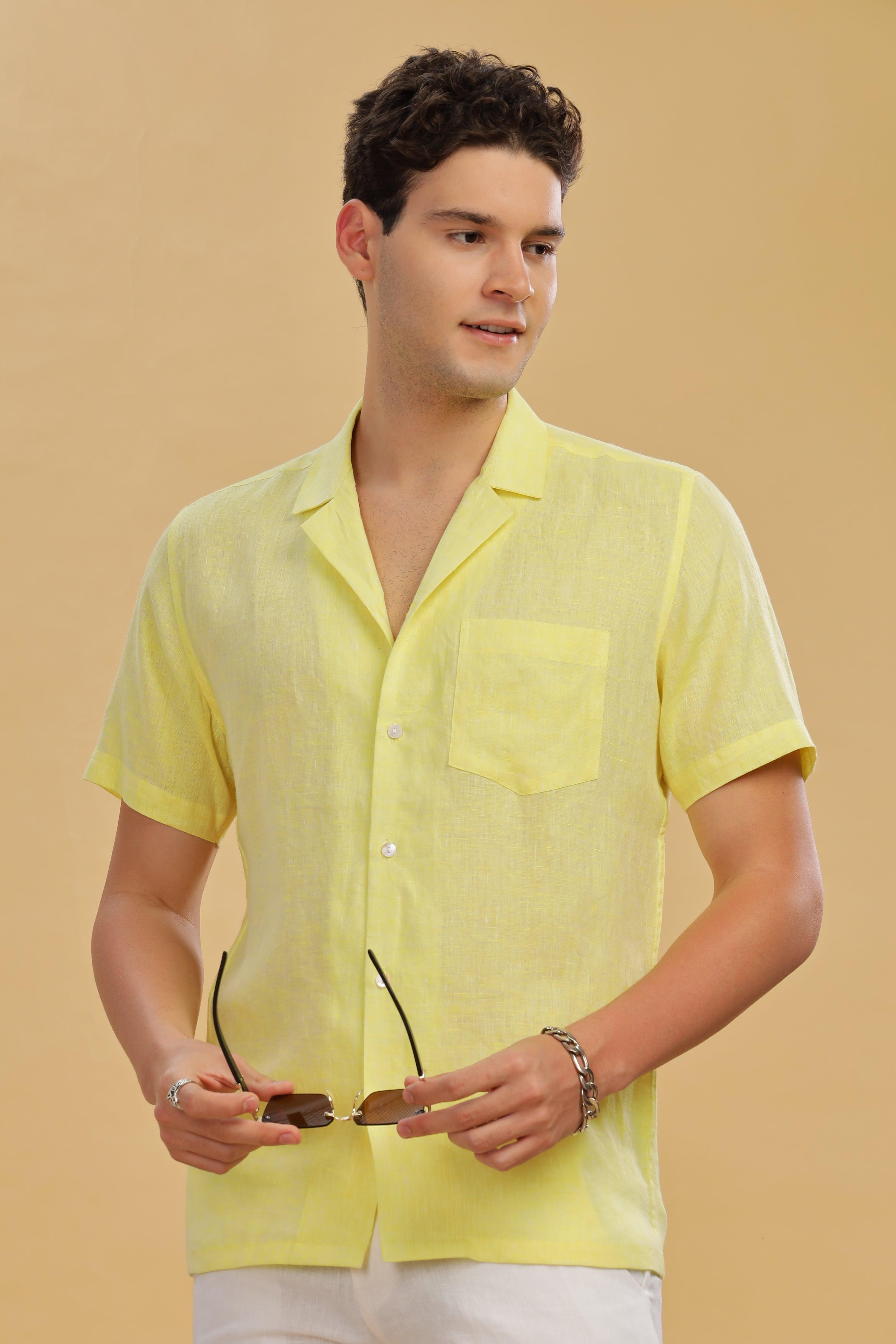 KANE - 100% Pure Linen Cuban Collar Light Yellow Chambray Shirt