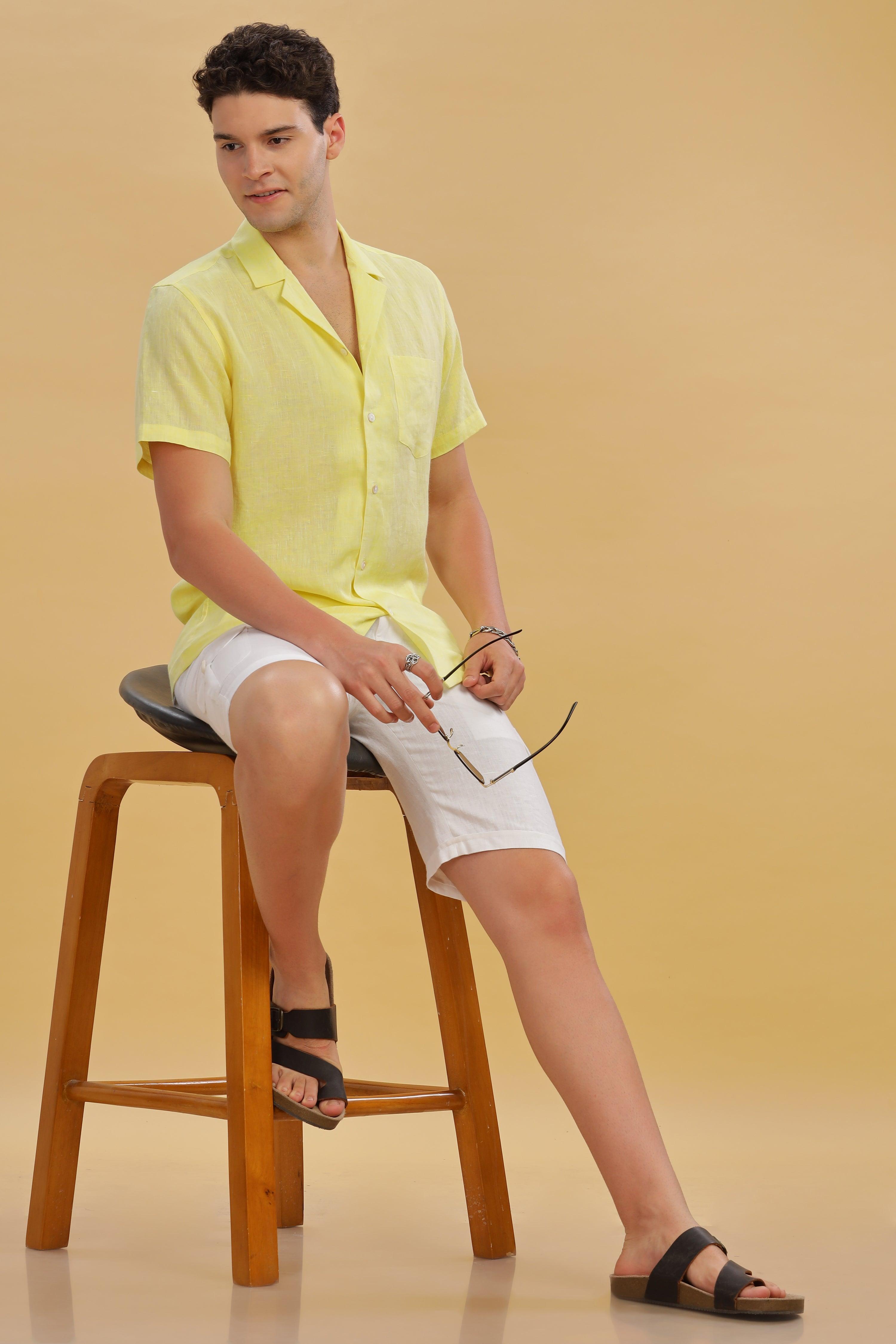 KANE - 100% Pure Linen Cuban Collar Light Yellow Chambray Shirt