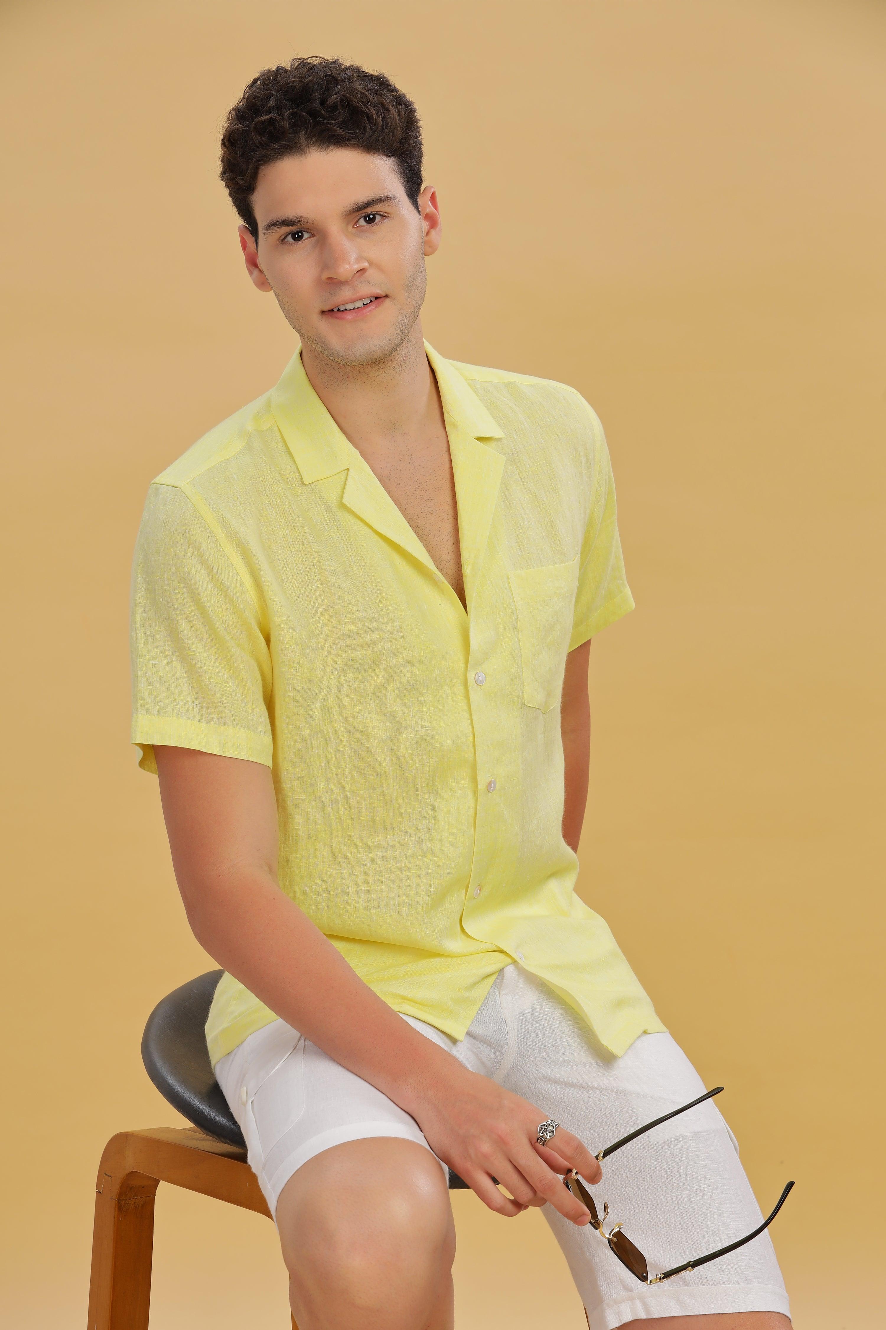 KANE - 100% Pure Linen Cuban Collar Light Yellow Chambray Shirt