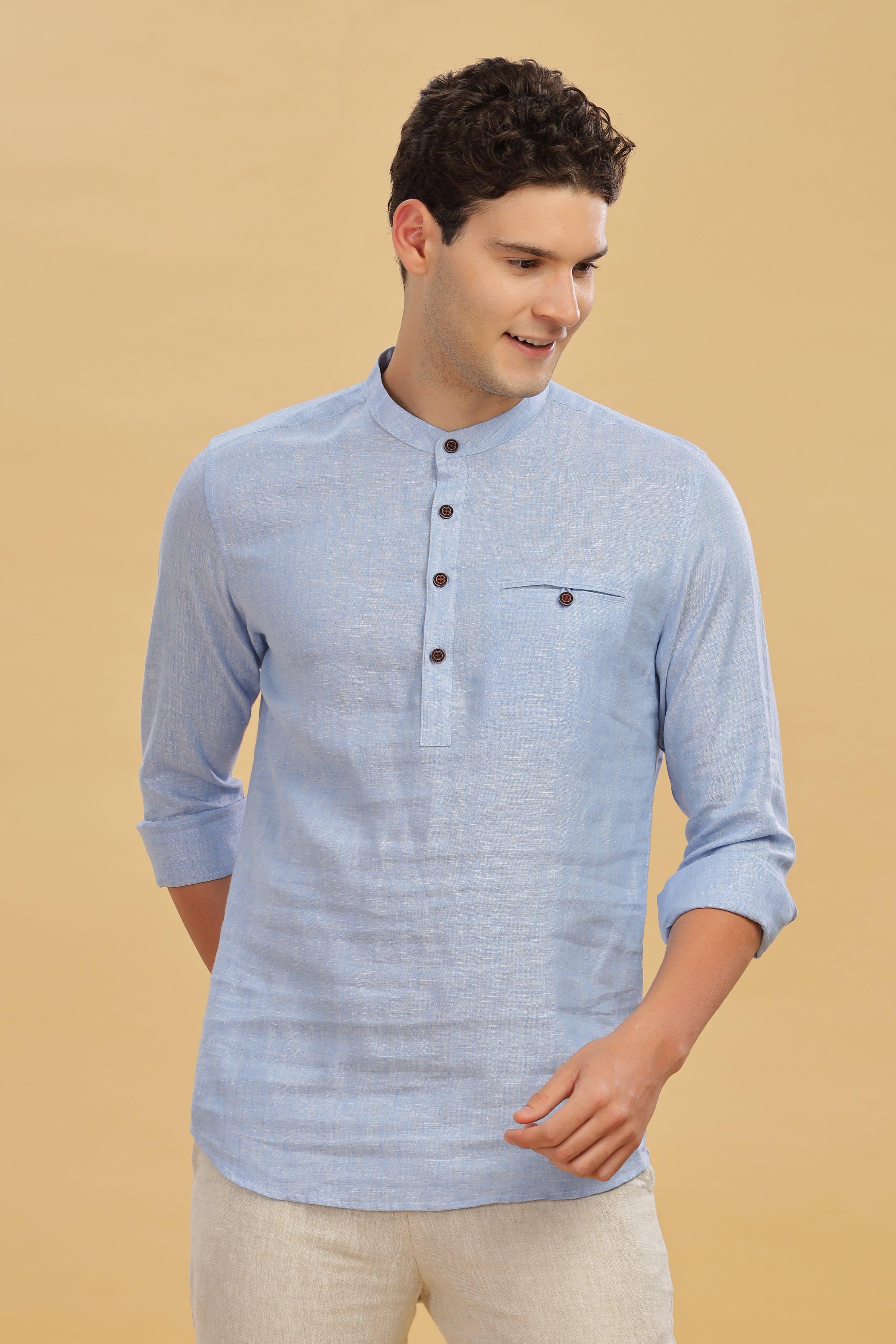 NILE Long Sleeves - 100% Pure Linen Half Placket Light Blue Grey Shirt