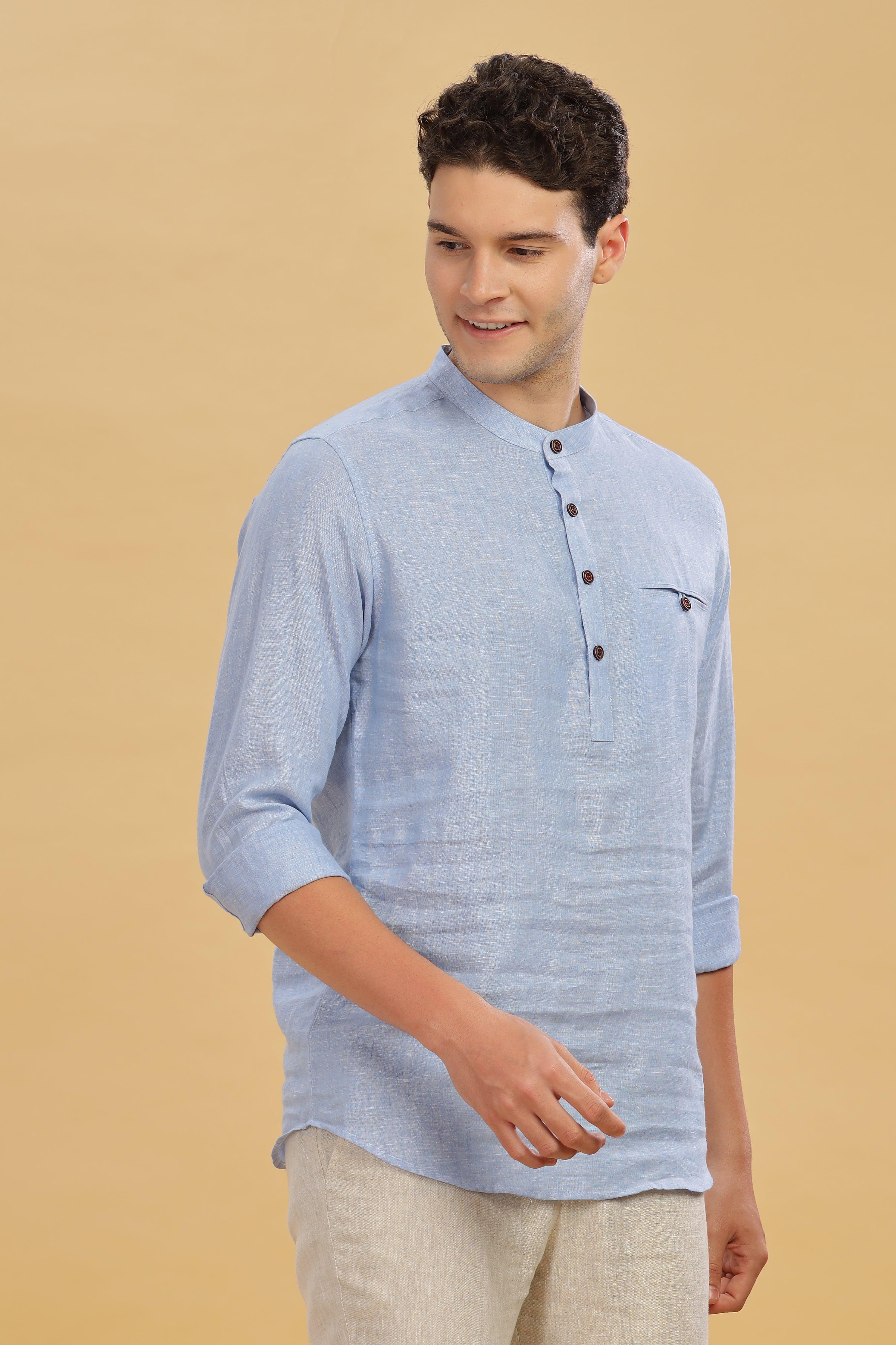 NILE Long Sleeves - 100% Pure Linen Half Placket Light Blue Grey Shirt