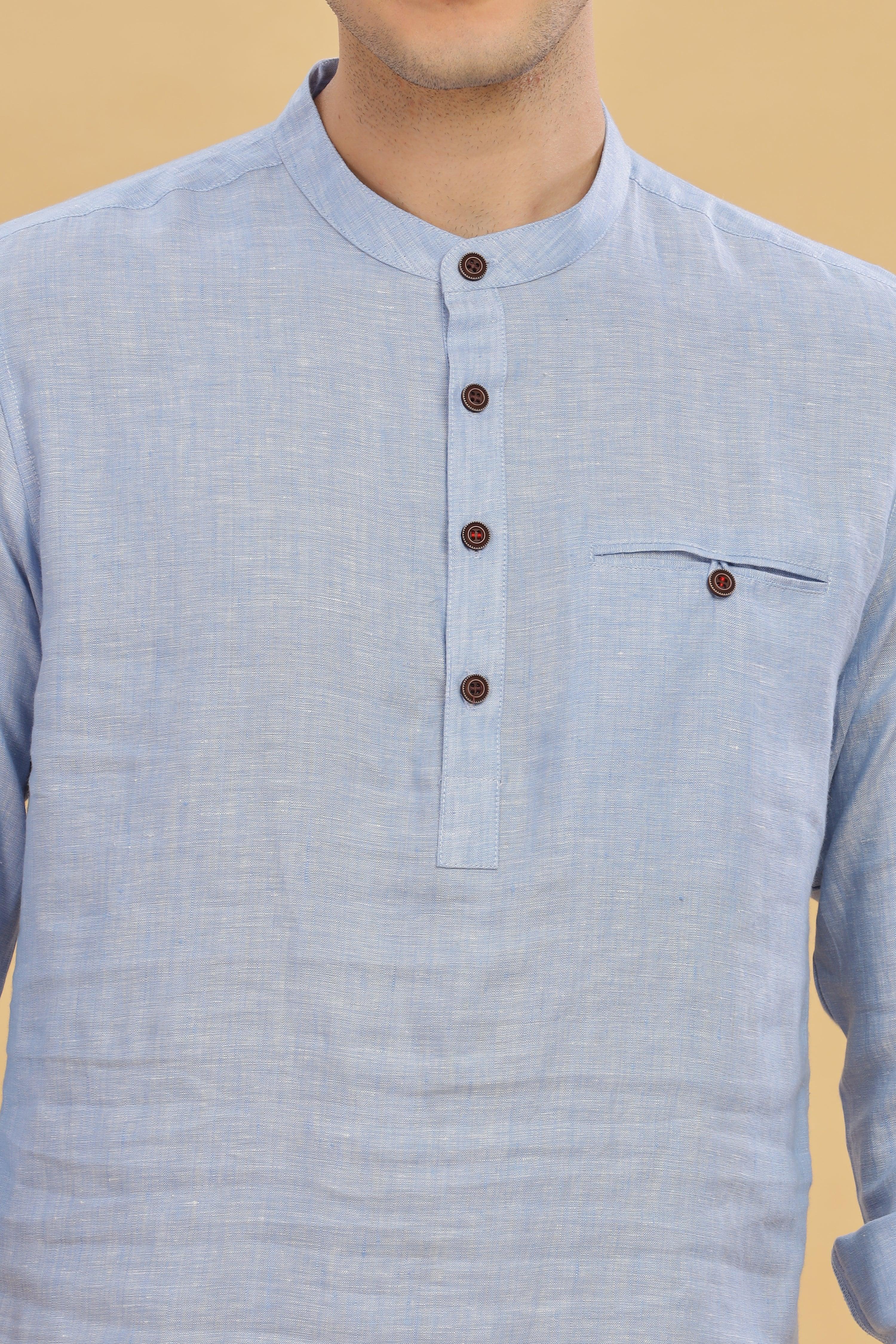 NILE Long Sleeves - 100% Pure Linen Half Placket Light Blue Grey Shirt