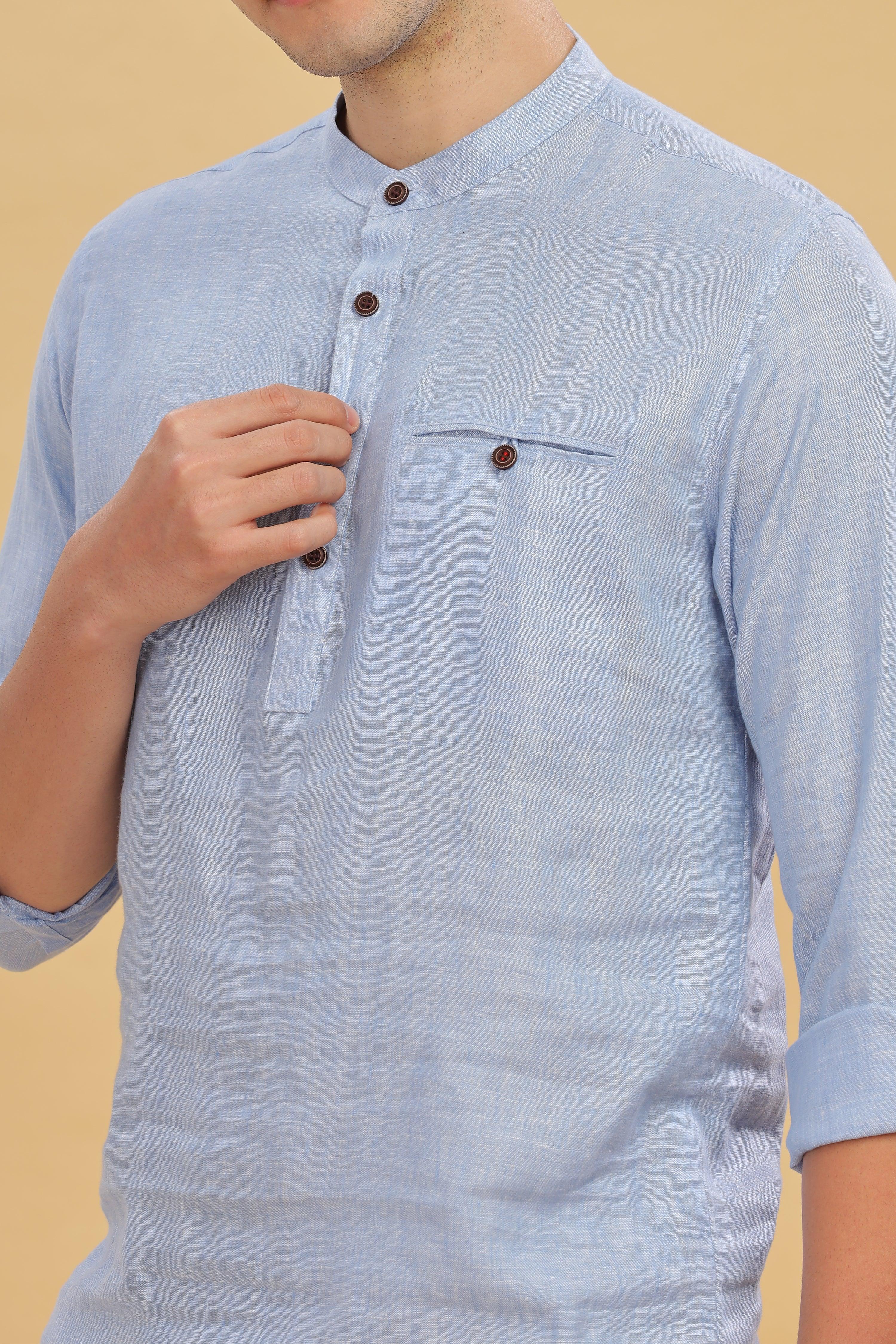 NILE Long Sleeves - 100% Pure Linen Half Placket Light Blue Grey Shirt