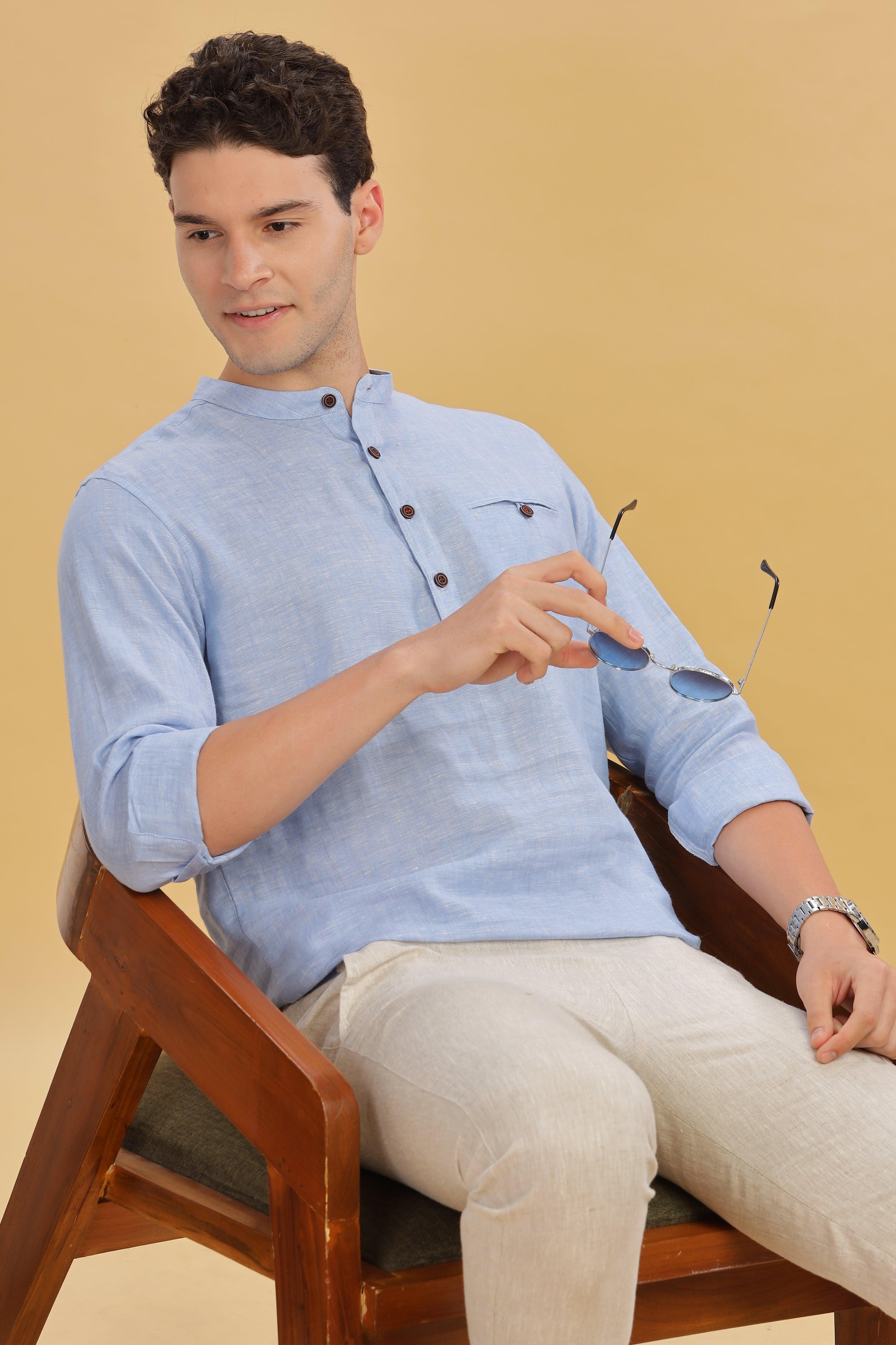 NILE Long Sleeves - 100% Pure Linen Half Placket Light Blue Grey Shirt