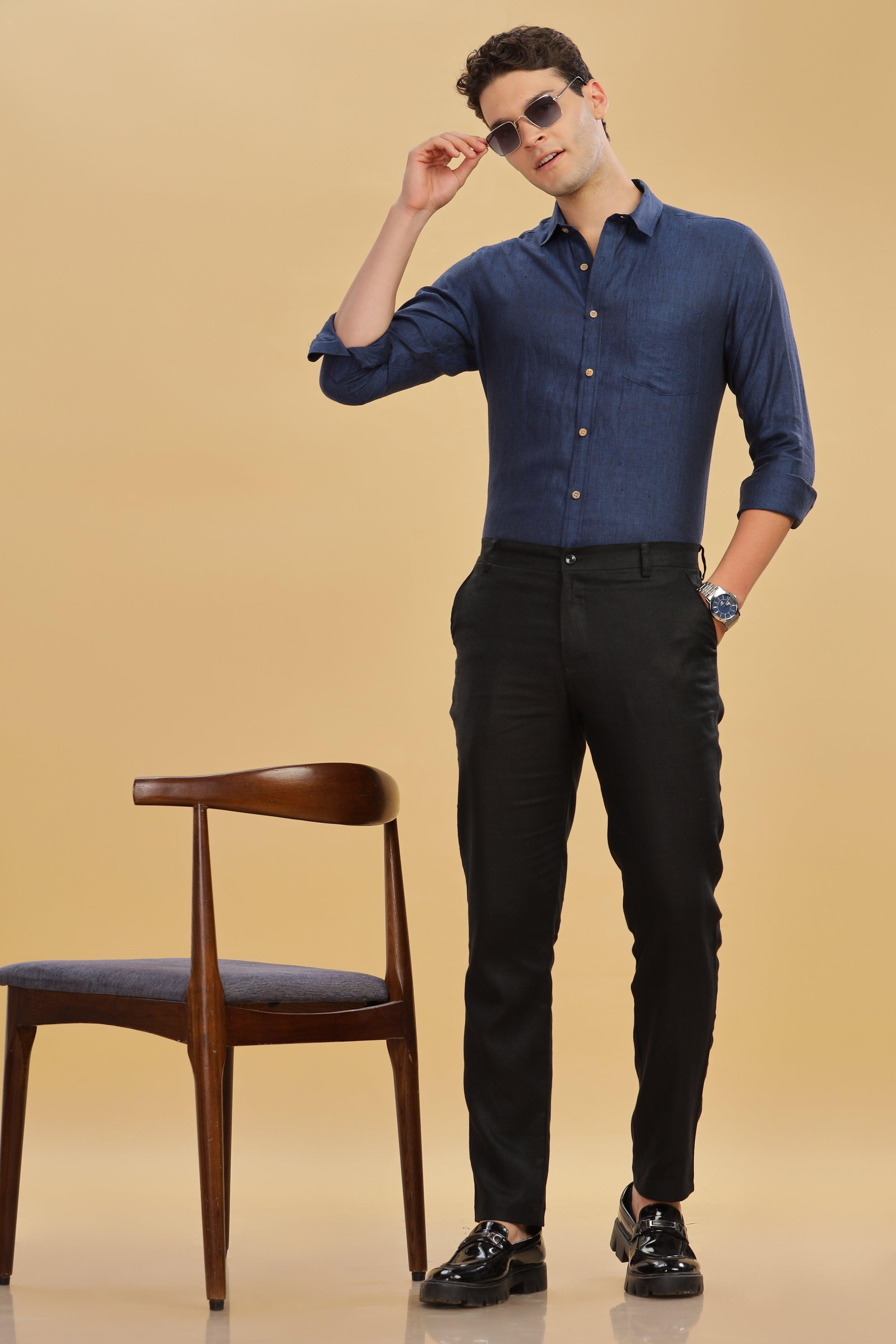MARK Long Sleeves -100% Pure Linen Regular Collar Dark Blue Chambray Shirt