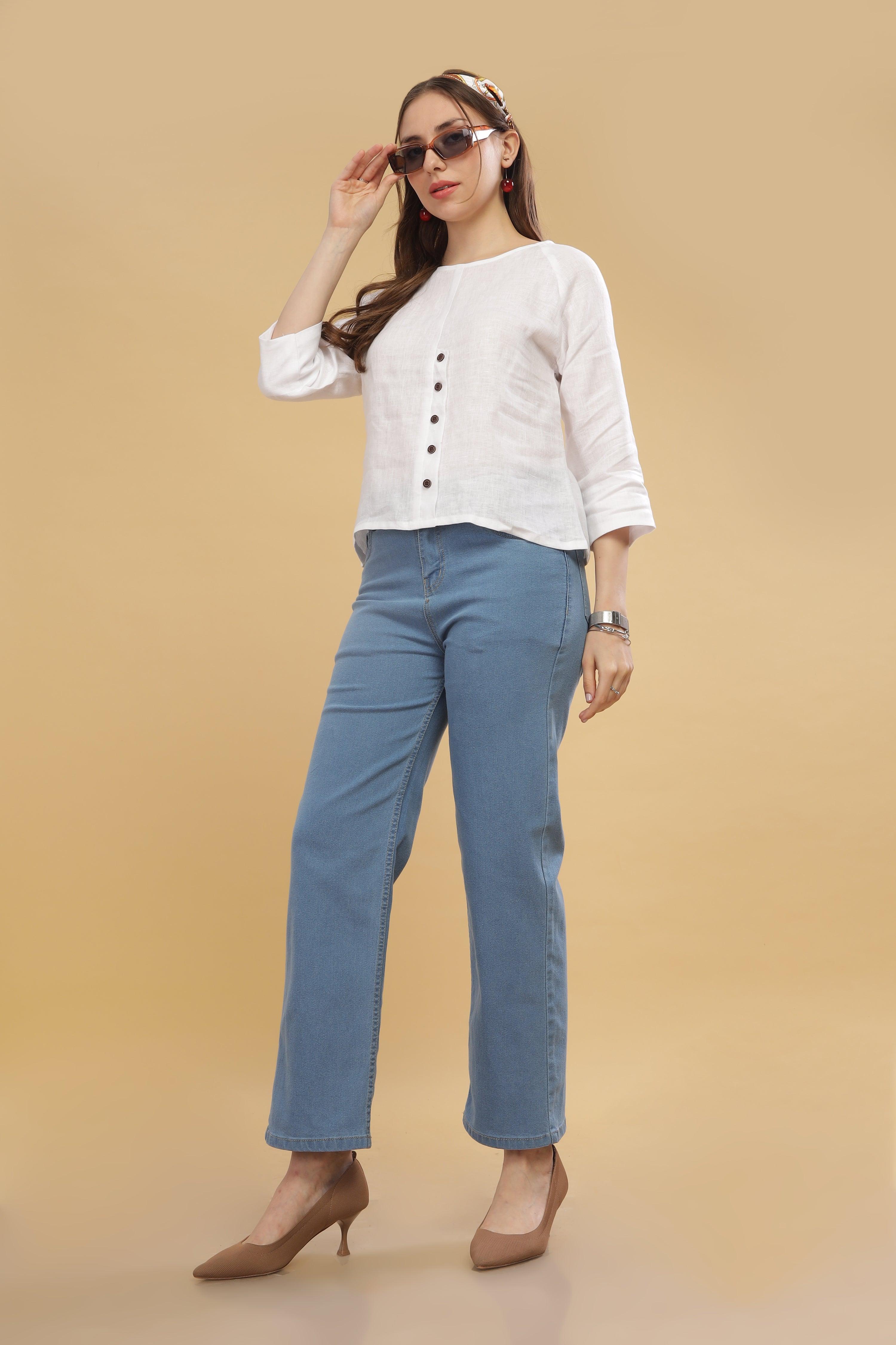 FREYA - 100%  Pure Linen White Top Raglan Sleeves