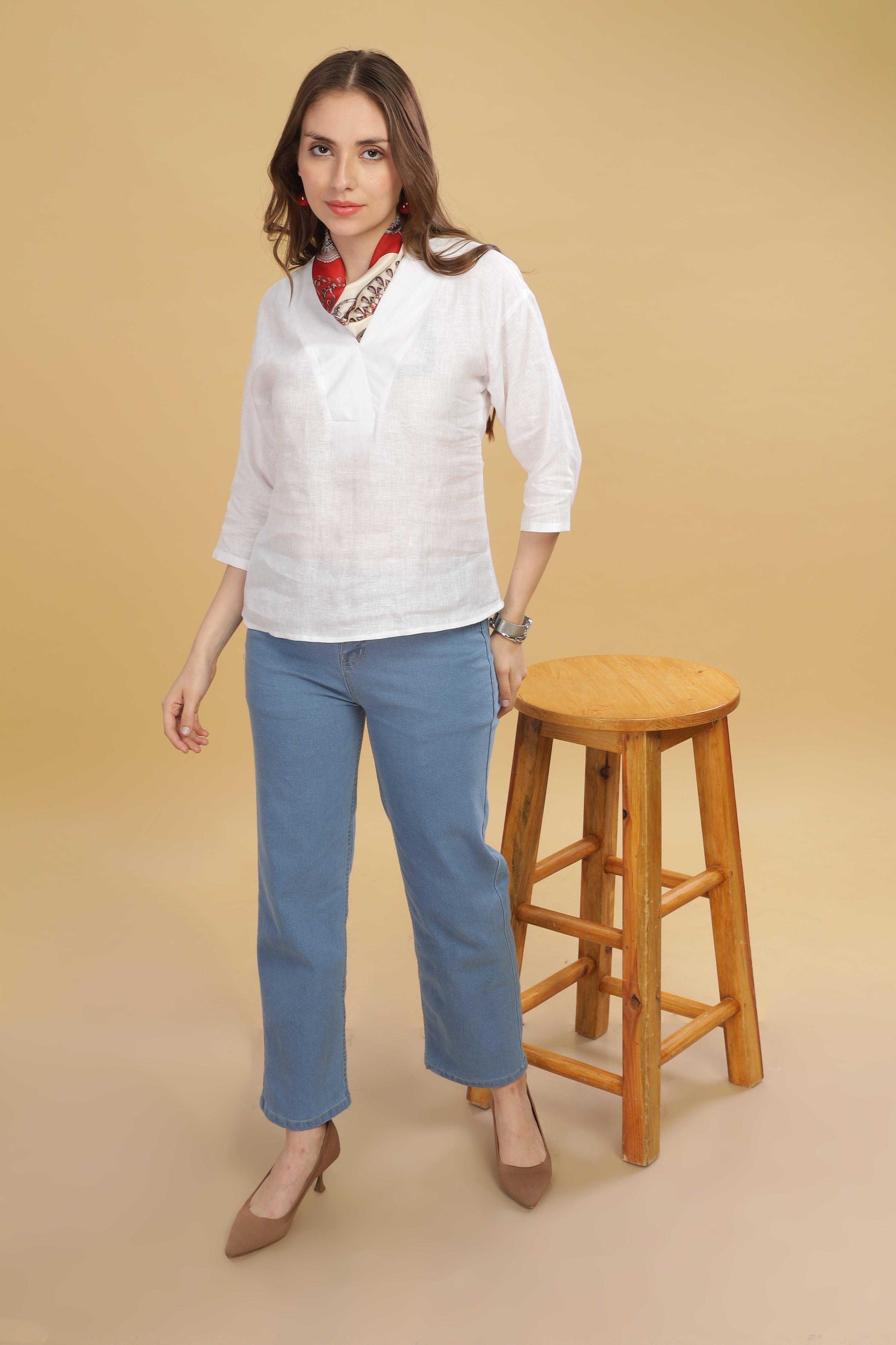 FLORINE- 100% Pure Linen V Neck White Top