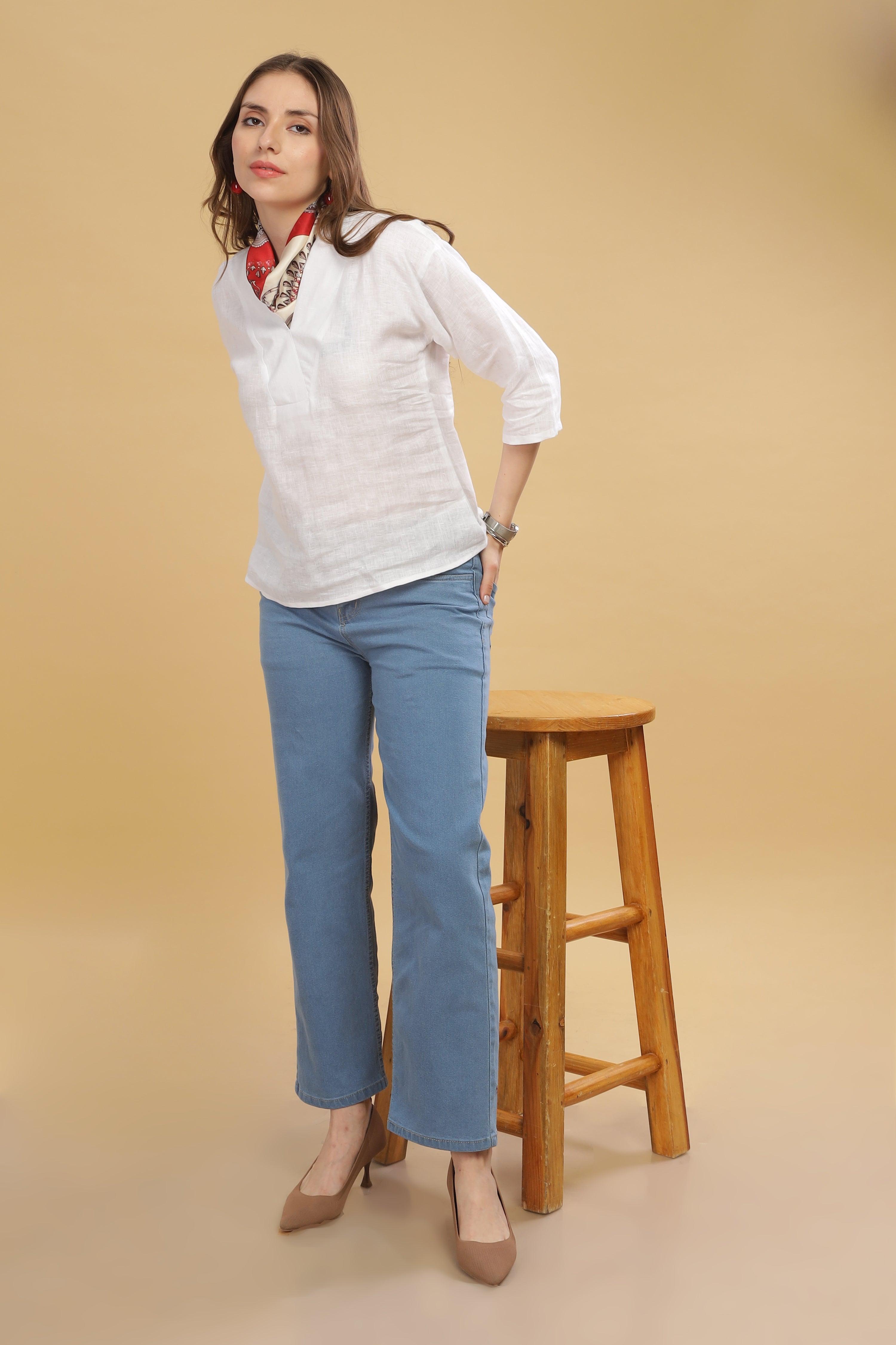 FLORINE- 100% Pure Linen V Neck White Top