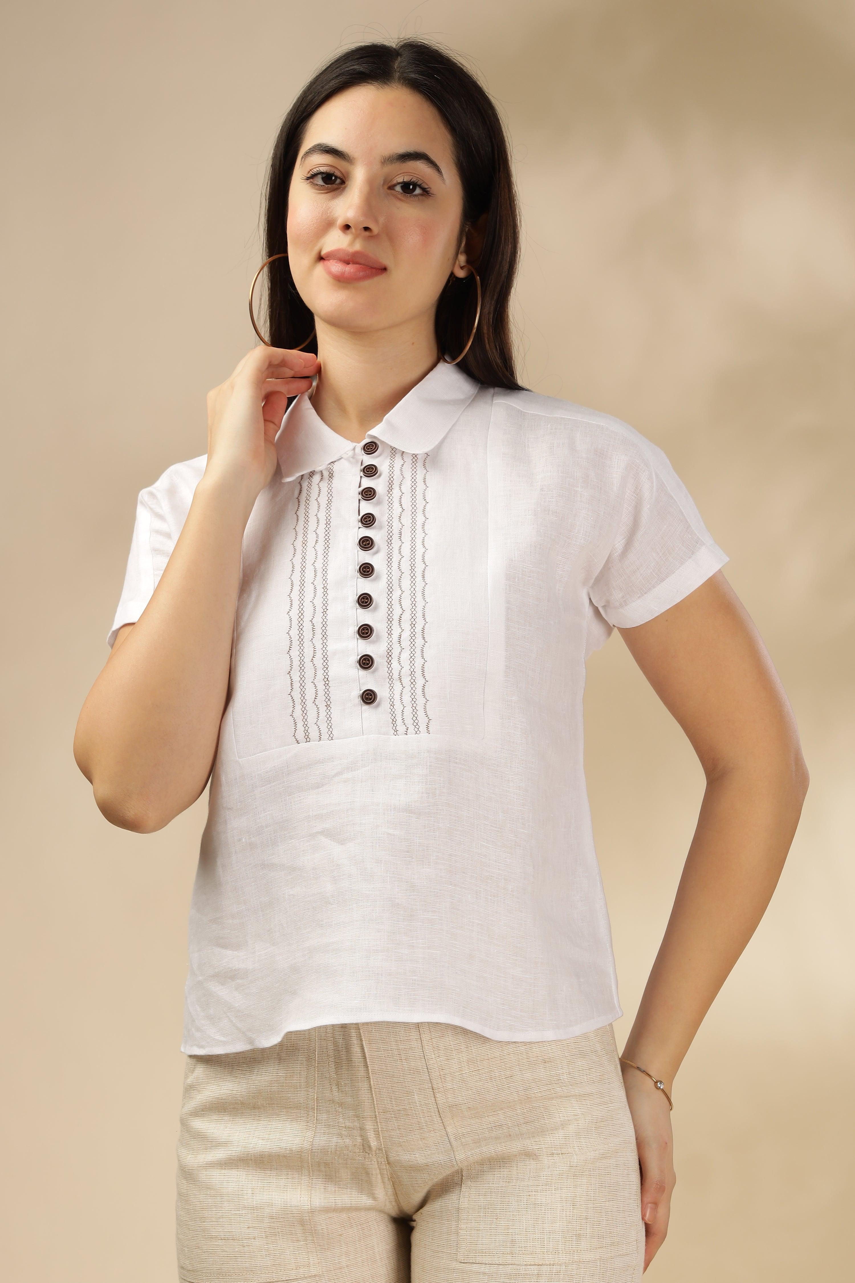 MIA - Pure Linen Embroidery White Top