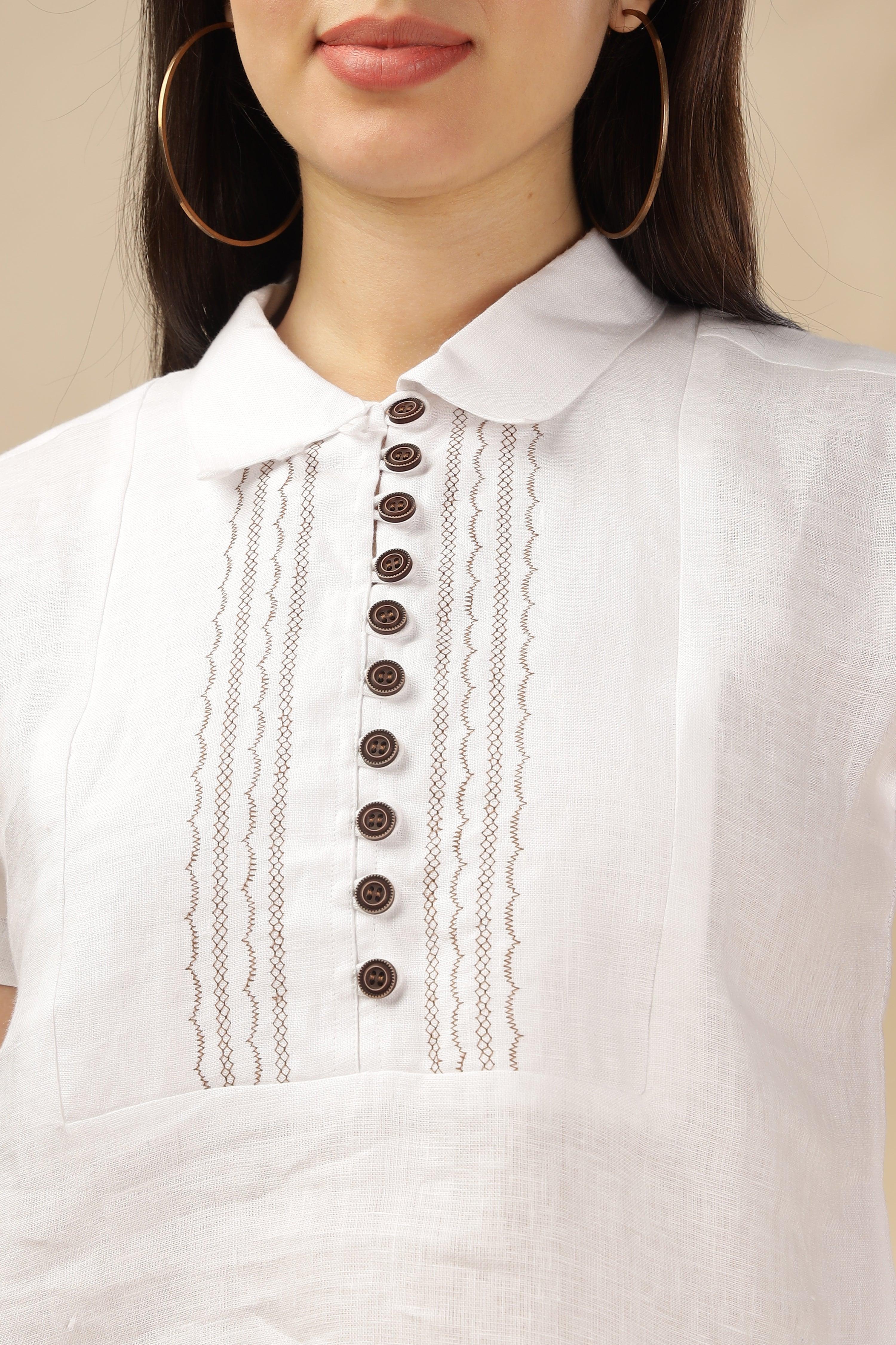 MIA - Pure Linen Embroidery White Top