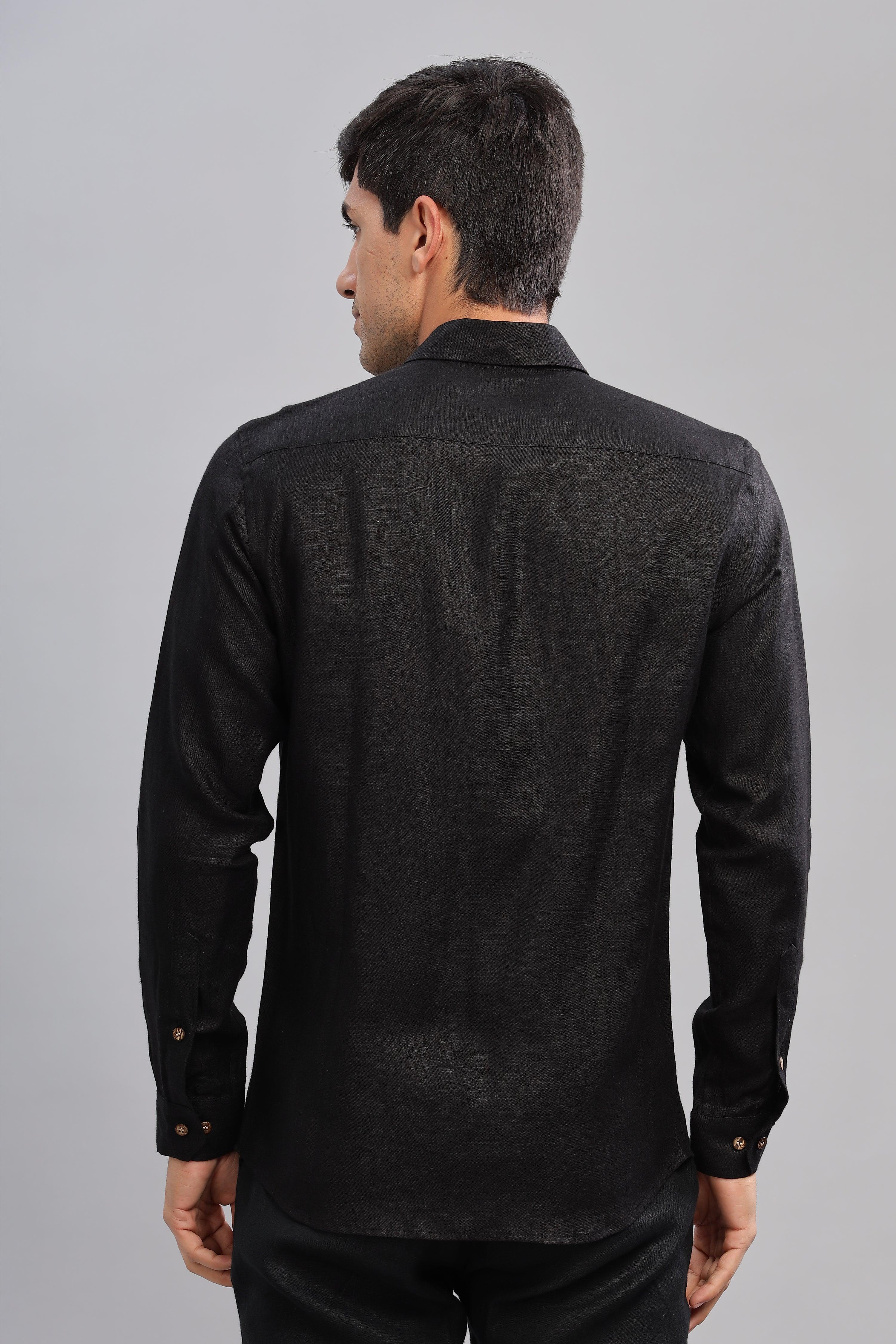 RYAN - Bee Embroidered Pure Irish Linen Shirt Black