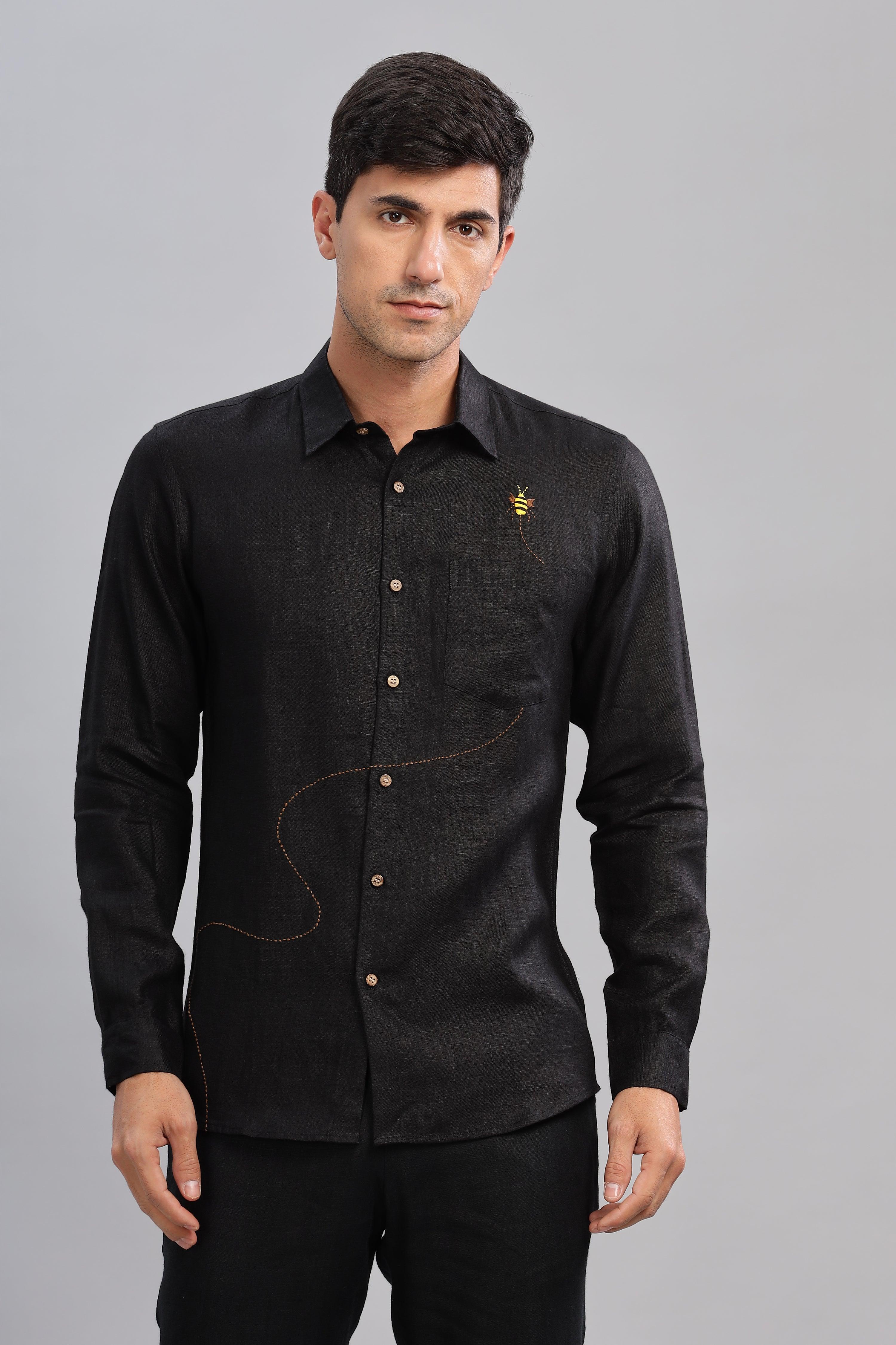 RYAN - Bee Embroidered Pure Irish Linen Shirt Black