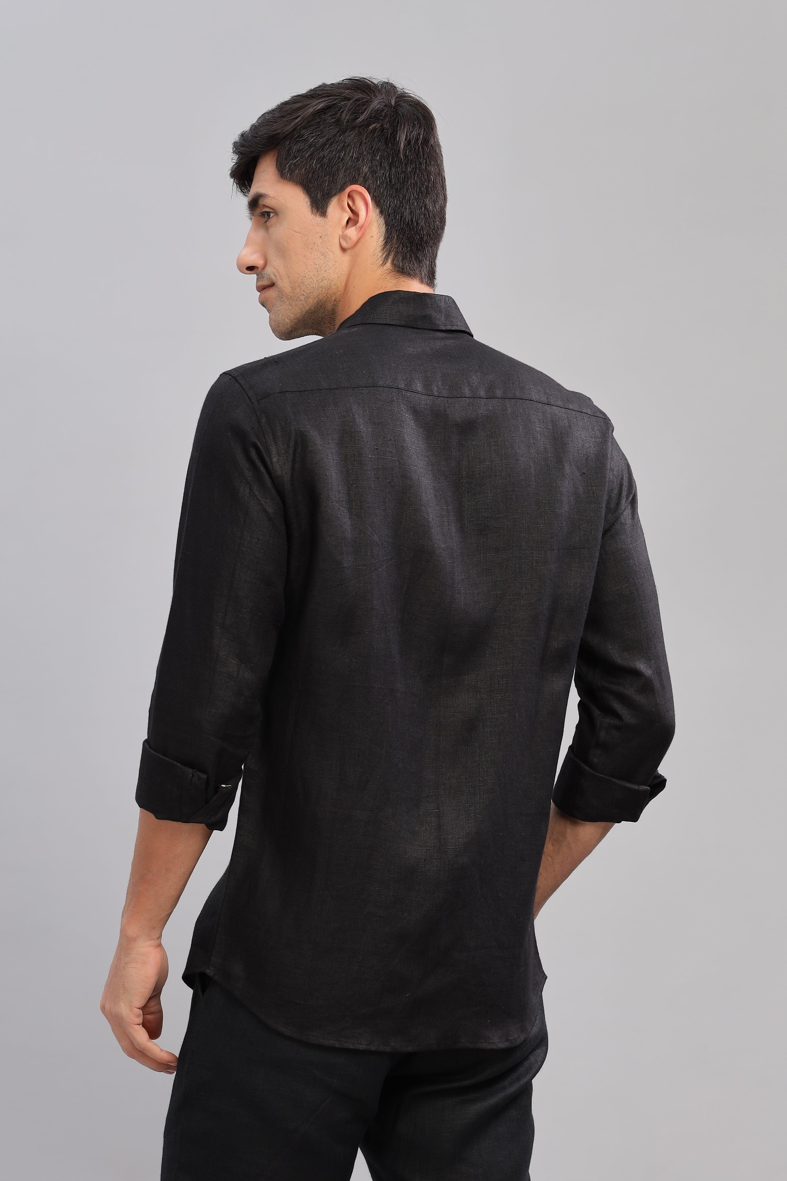 RYAN - Bee Embroidered Pure Irish Linen Shirt Black