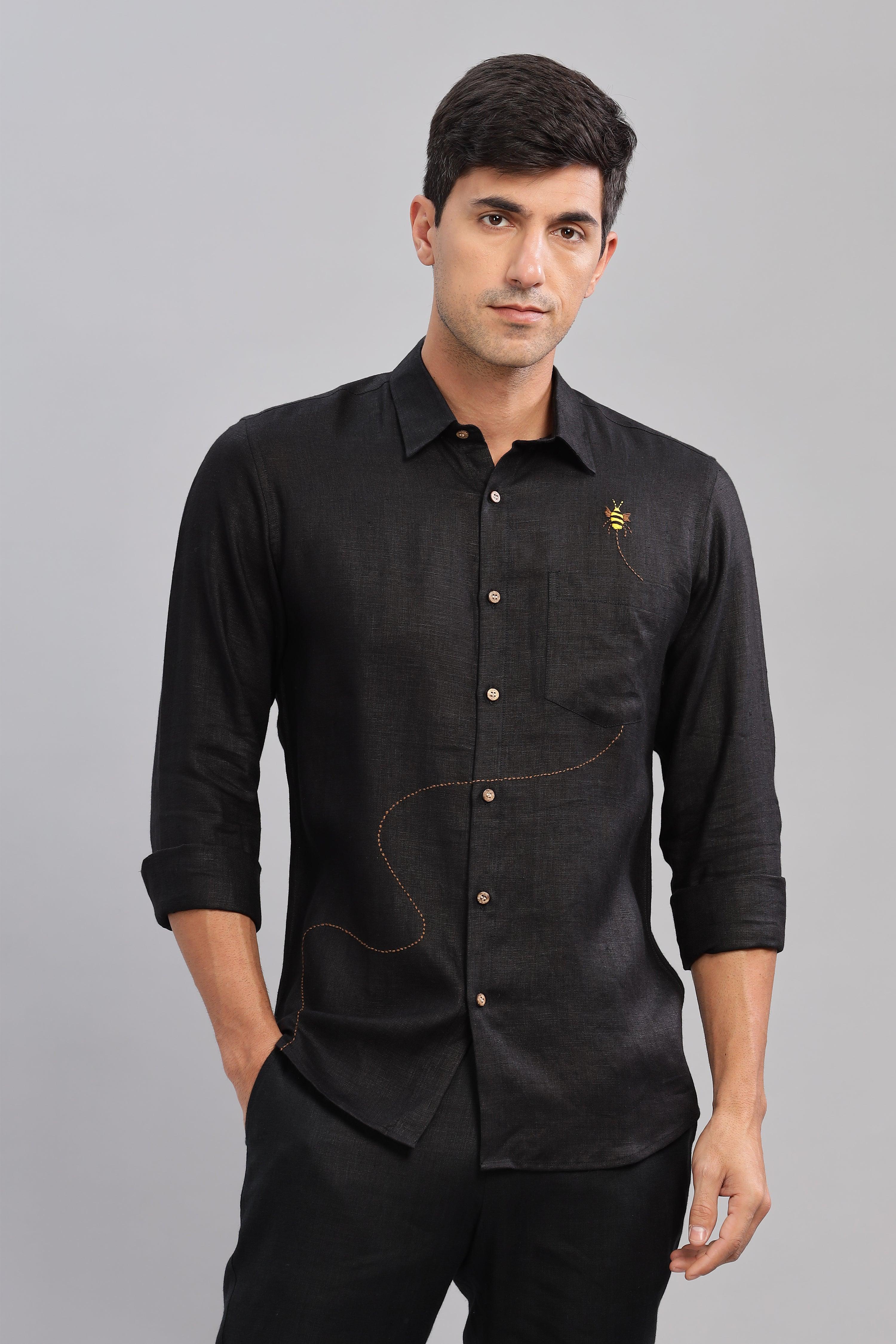 RYAN - Bee Embroidered Pure Irish Linen Shirt Black
