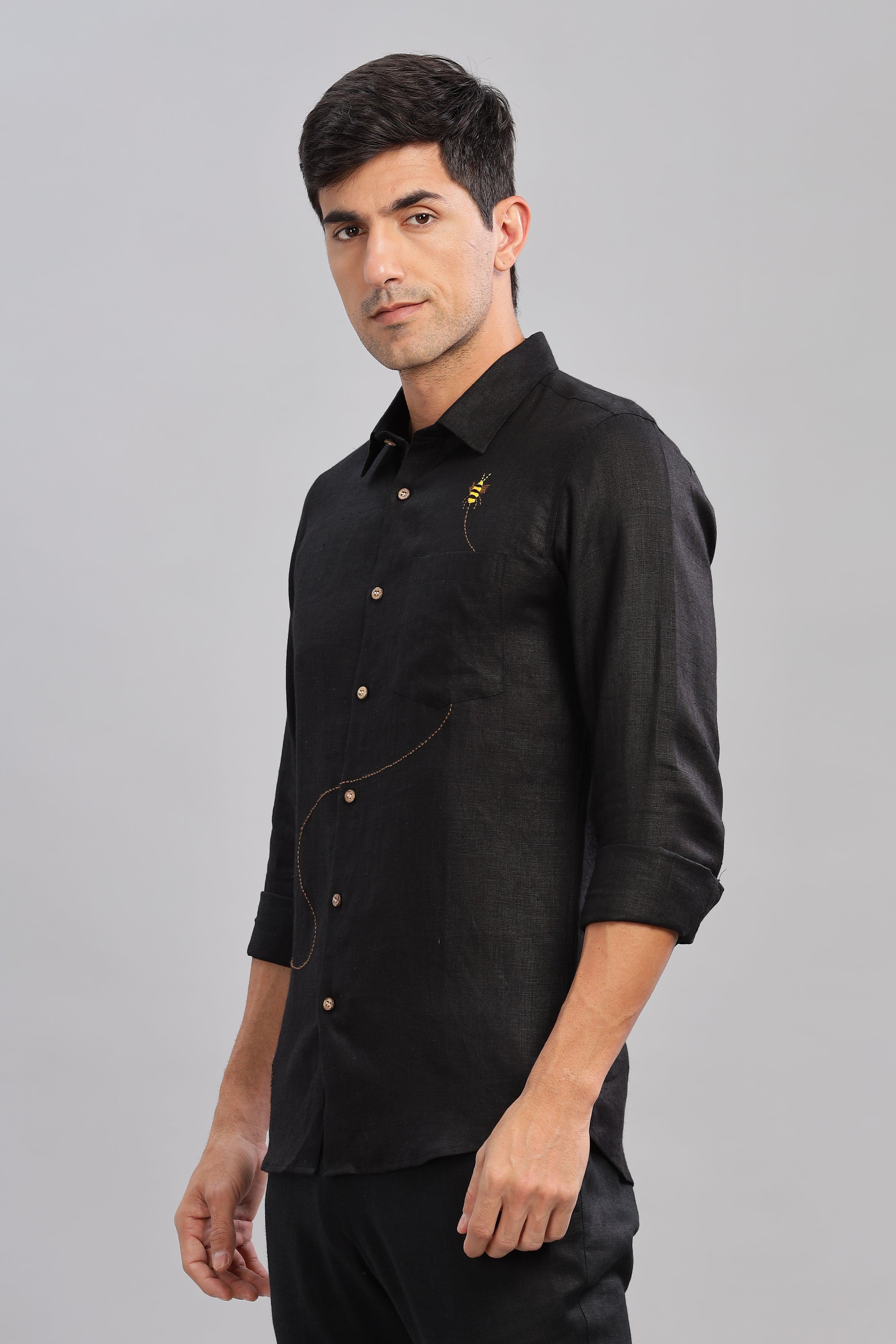 RYAN - Bee Embroidered Pure Irish Linen Shirt Black