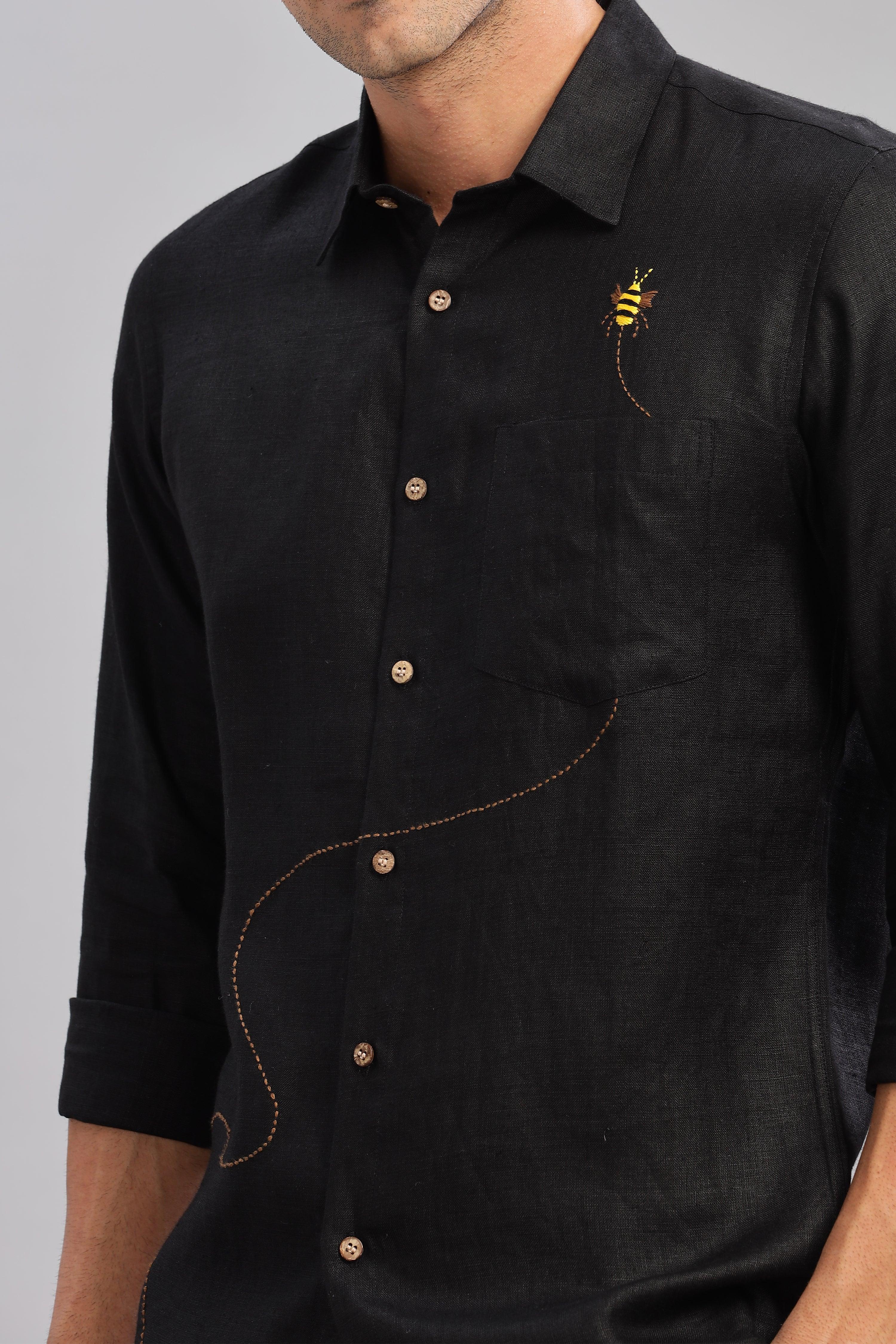RYAN - Bee Embroidered Pure Irish Linen Shirt Black
