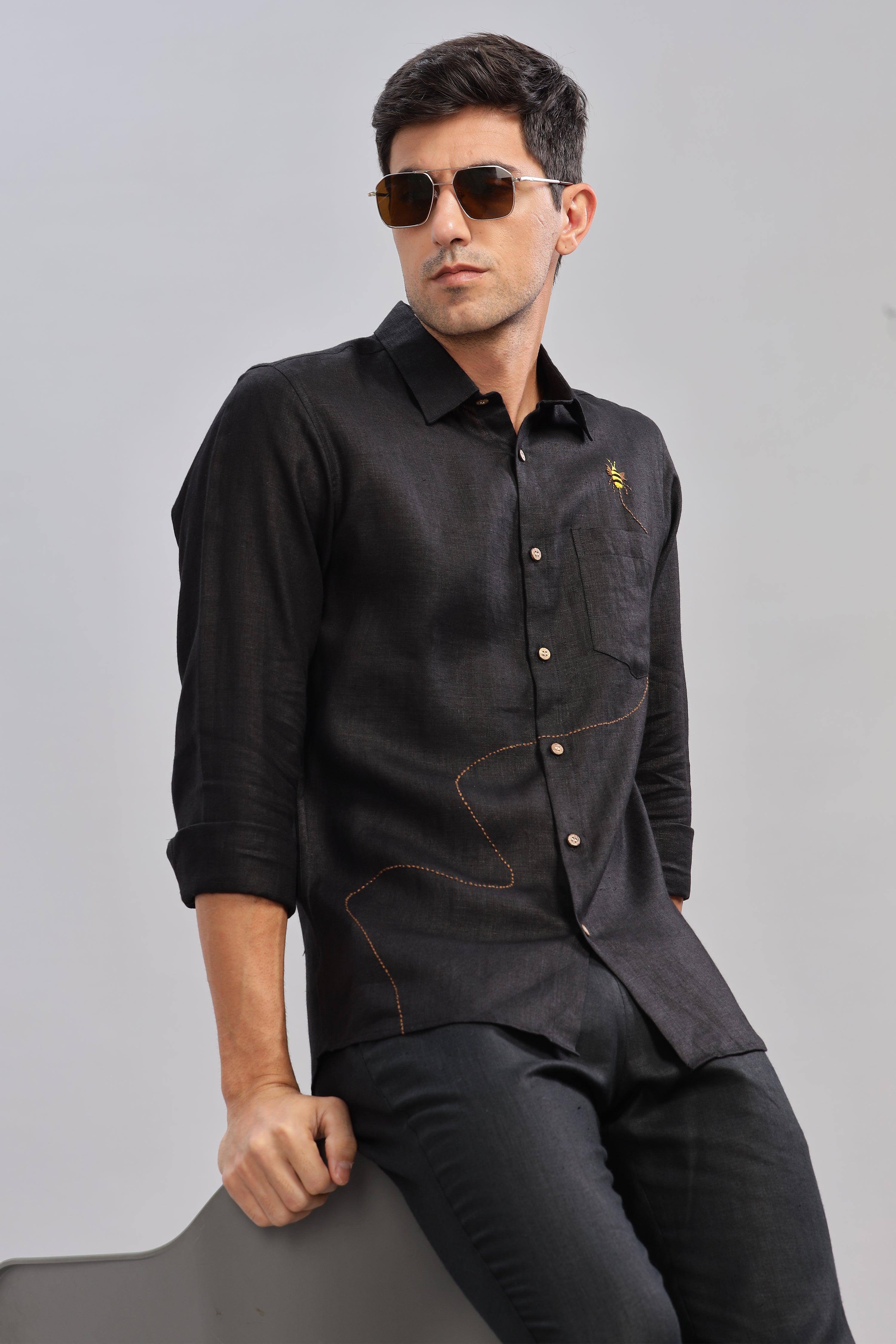 RYAN - Bee Embroidered Pure Irish Linen Shirt Black