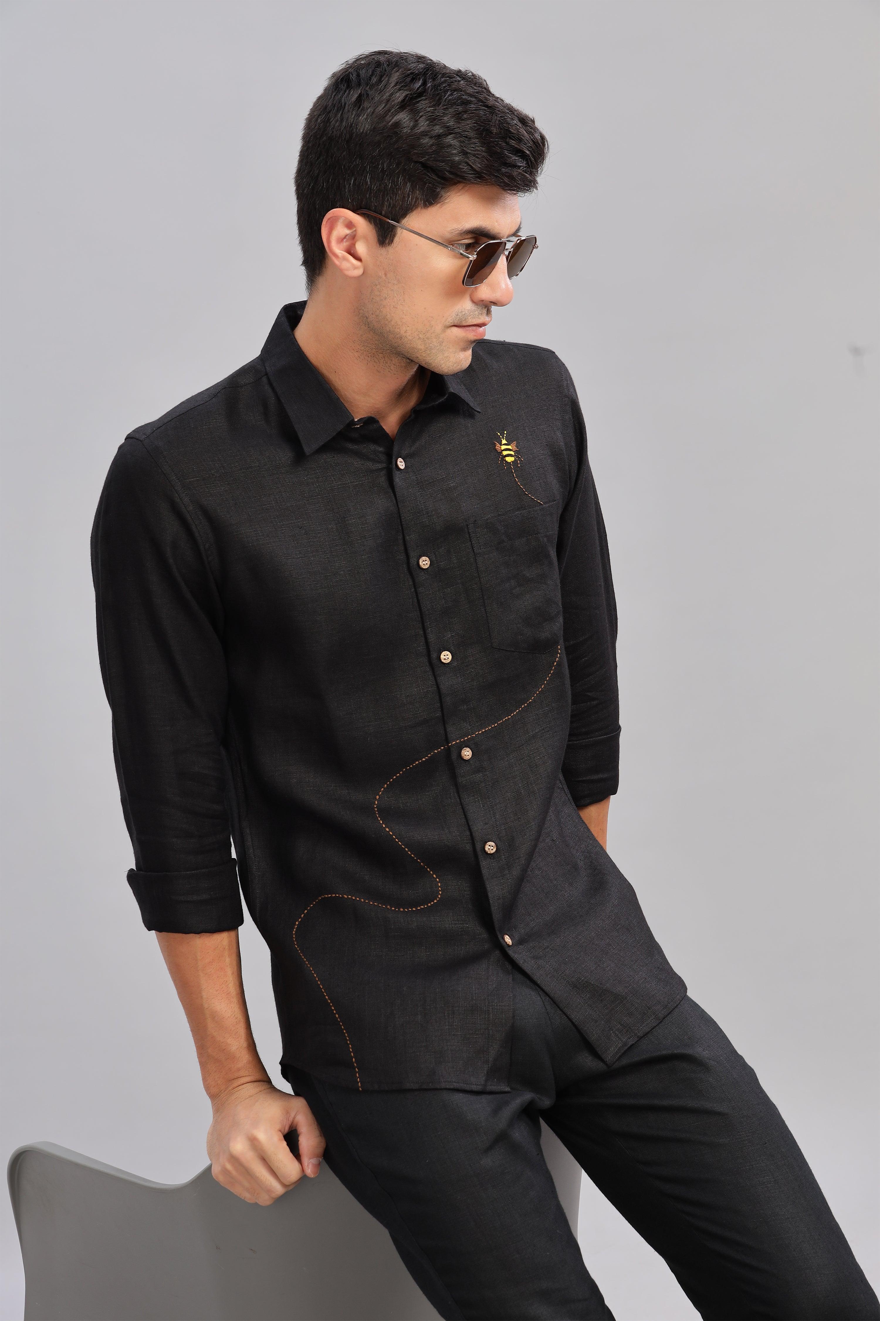 RYAN - Bee Embroidered Pure Irish Linen Shirt Black