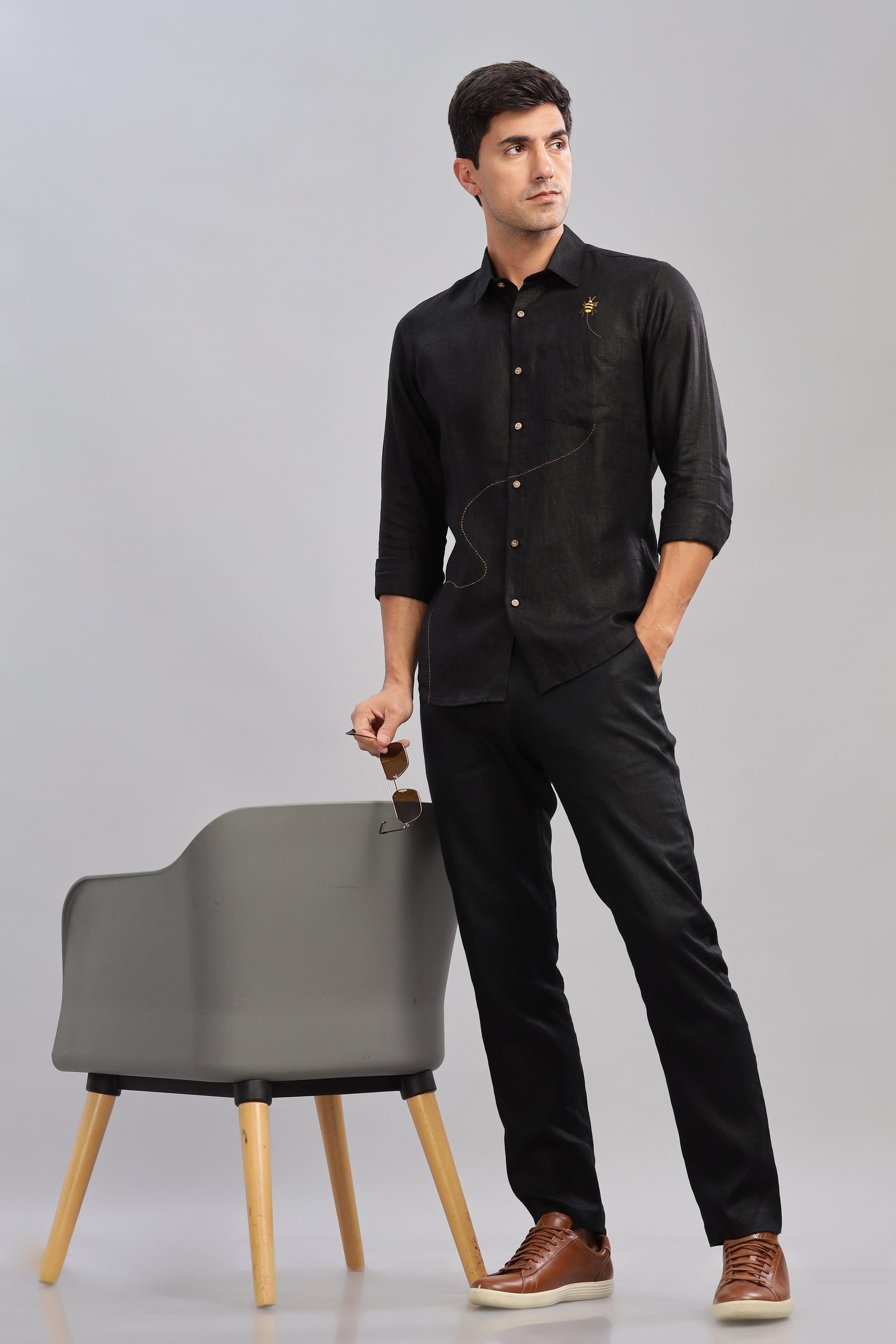 RYAN - Bee Embroidered Pure Irish Linen Shirt Black