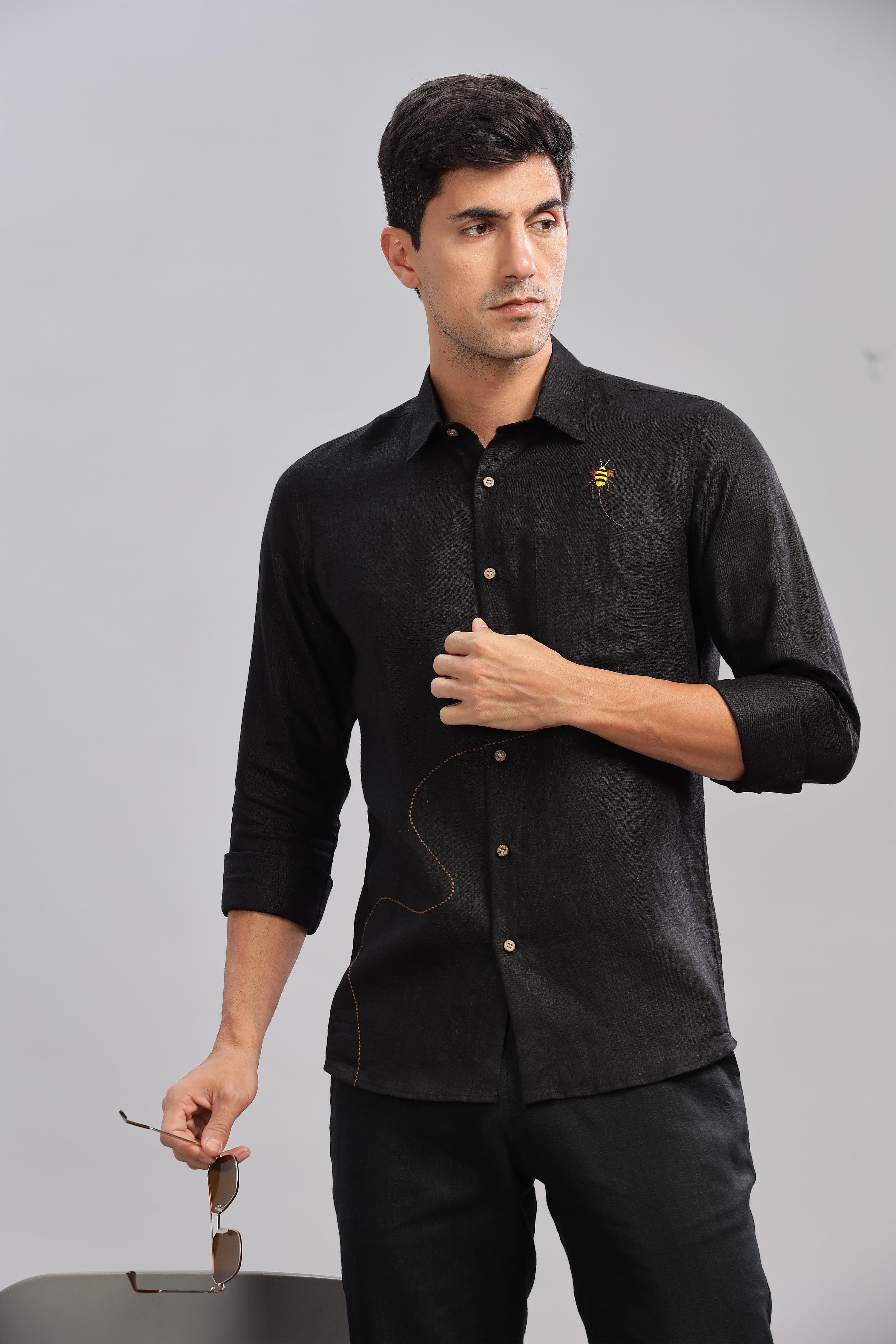 RYAN - Bee Embroidered Pure Irish Linen Shirt Black