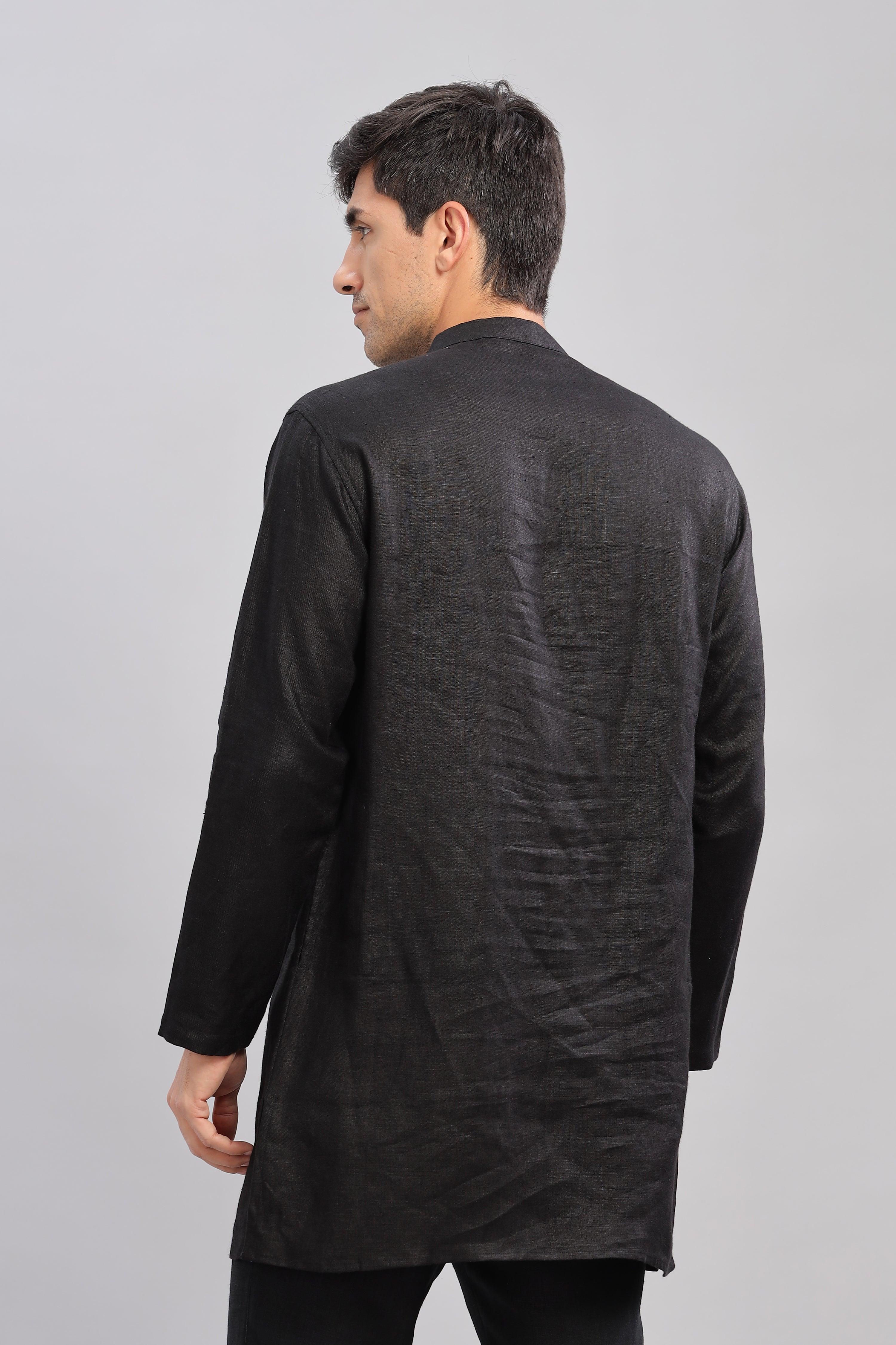 VIVAAN - Handcrafted Luxury 100% Pure Linen Black Kurta
