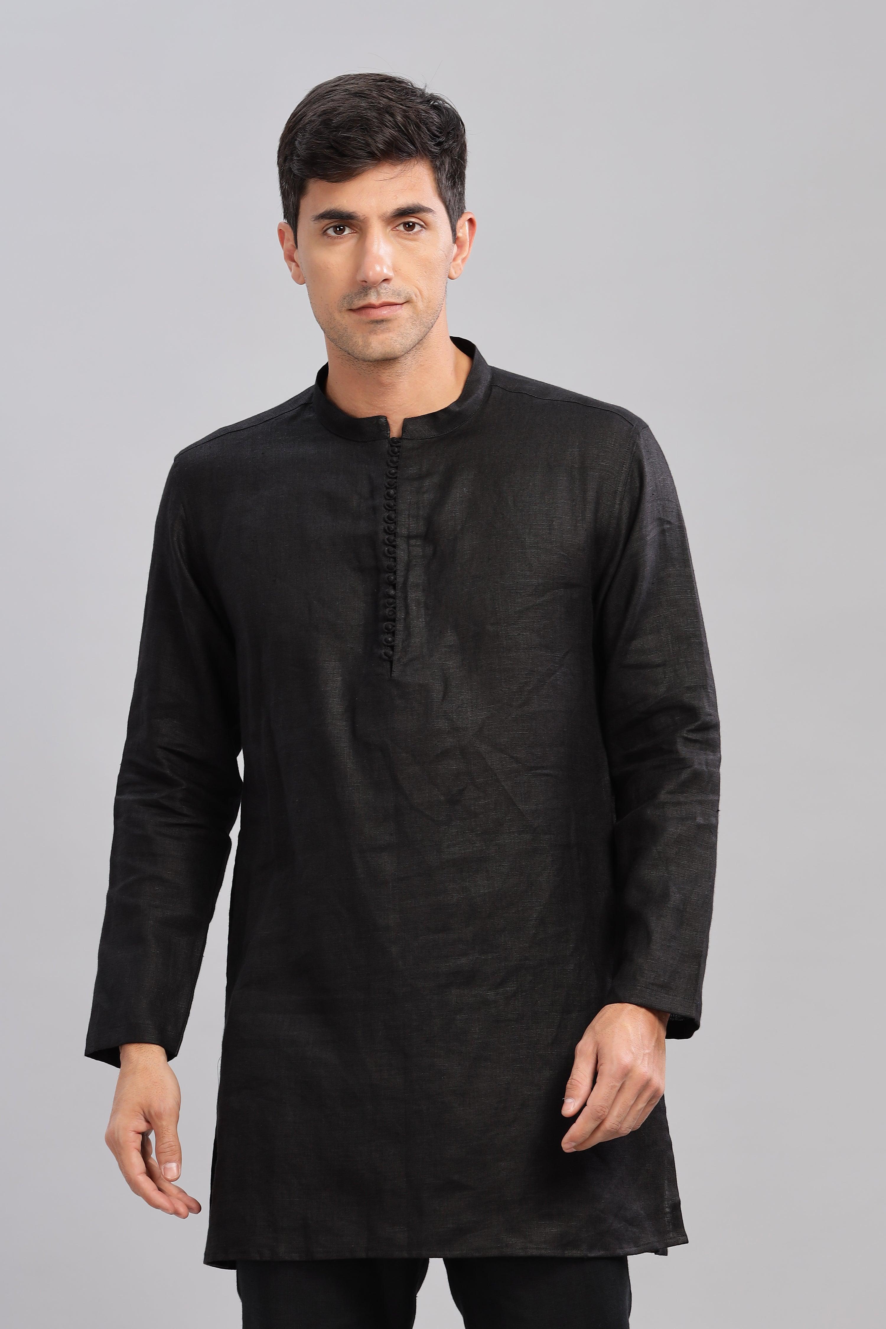 VIVAAN - Handcrafted Luxury 100% Pure Linen Black Kurta
