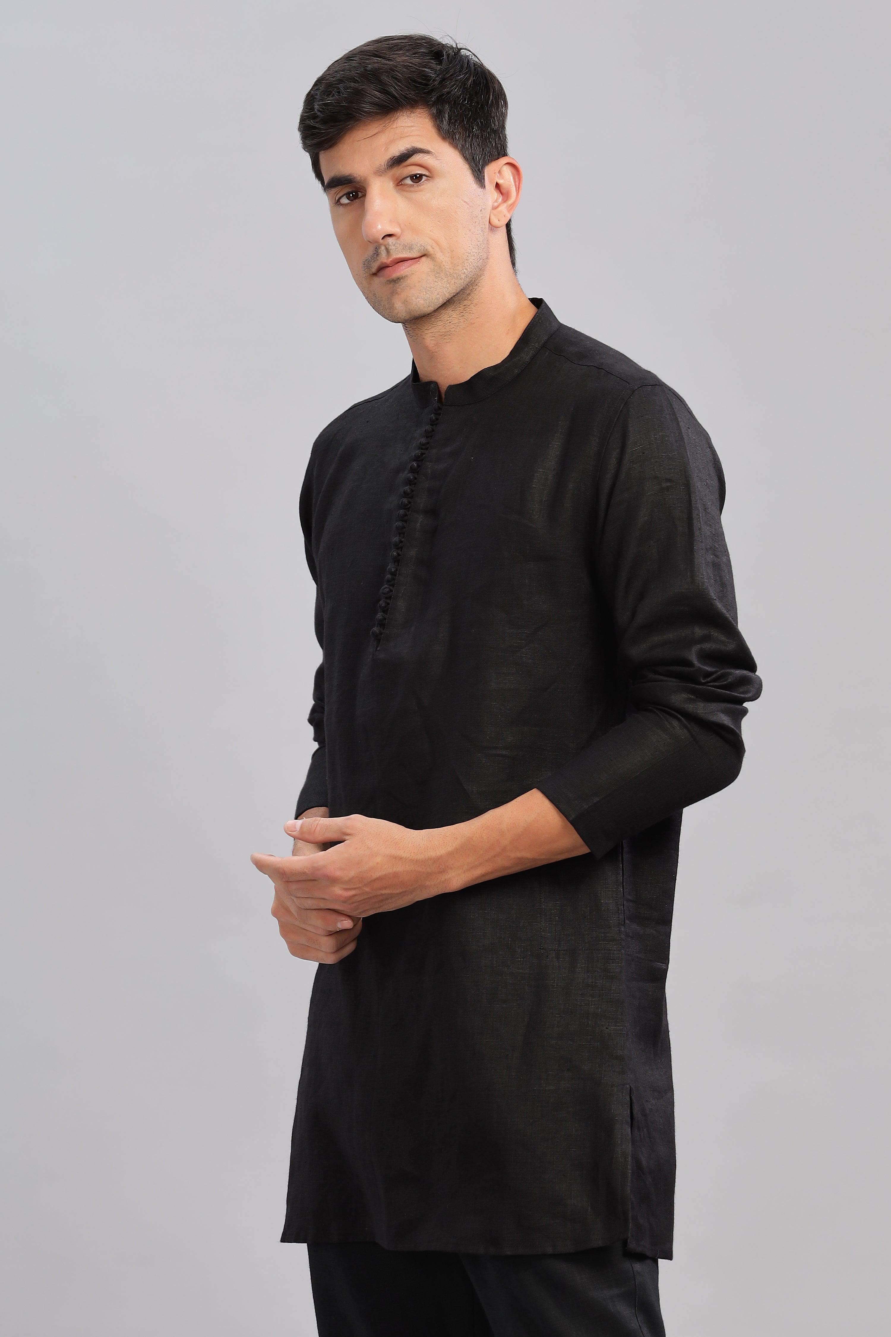 VIVAAN - Handcrafted Luxury 100% Pure Linen Black Kurta