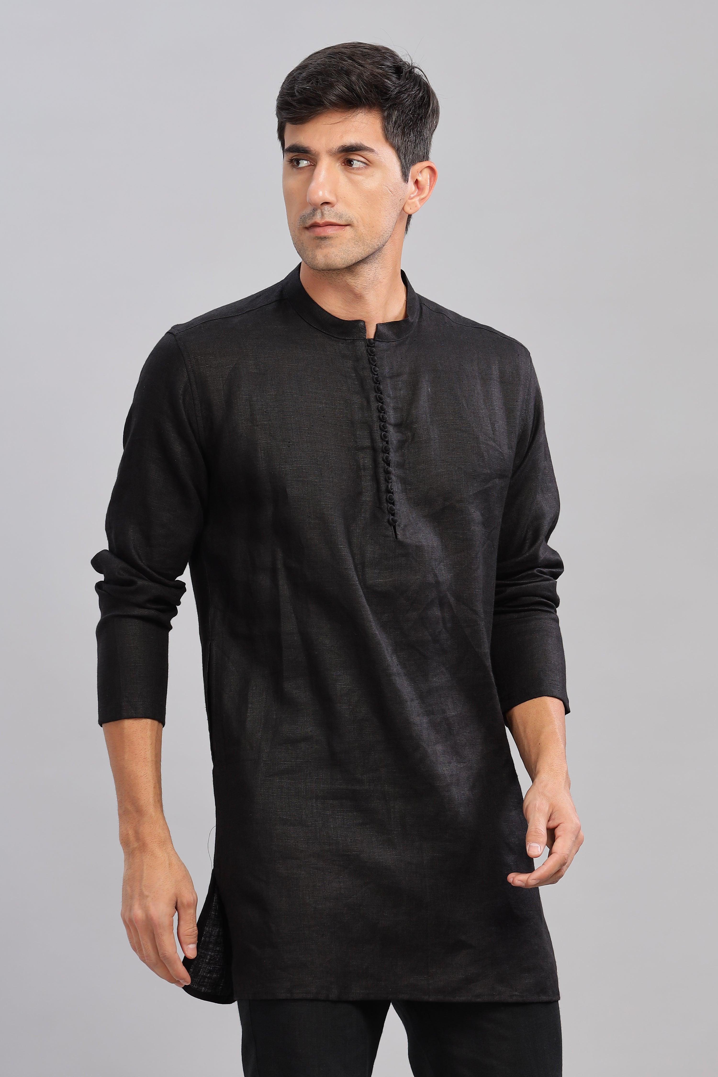 VIVAAN - Handcrafted Luxury 100% Pure Linen Black Kurta