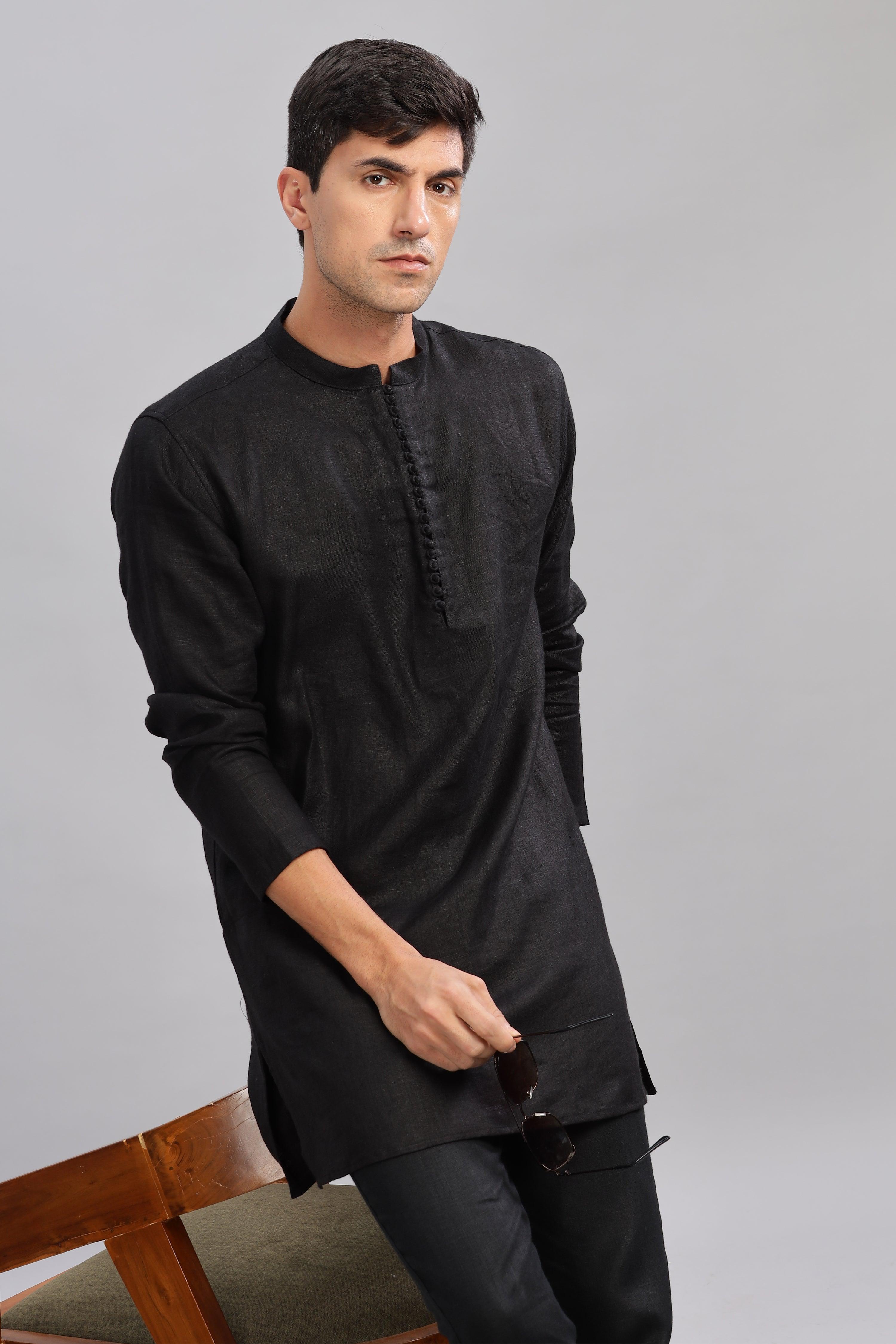 VIVAAN - Handcrafted Luxury 100% Pure Linen Black Kurta