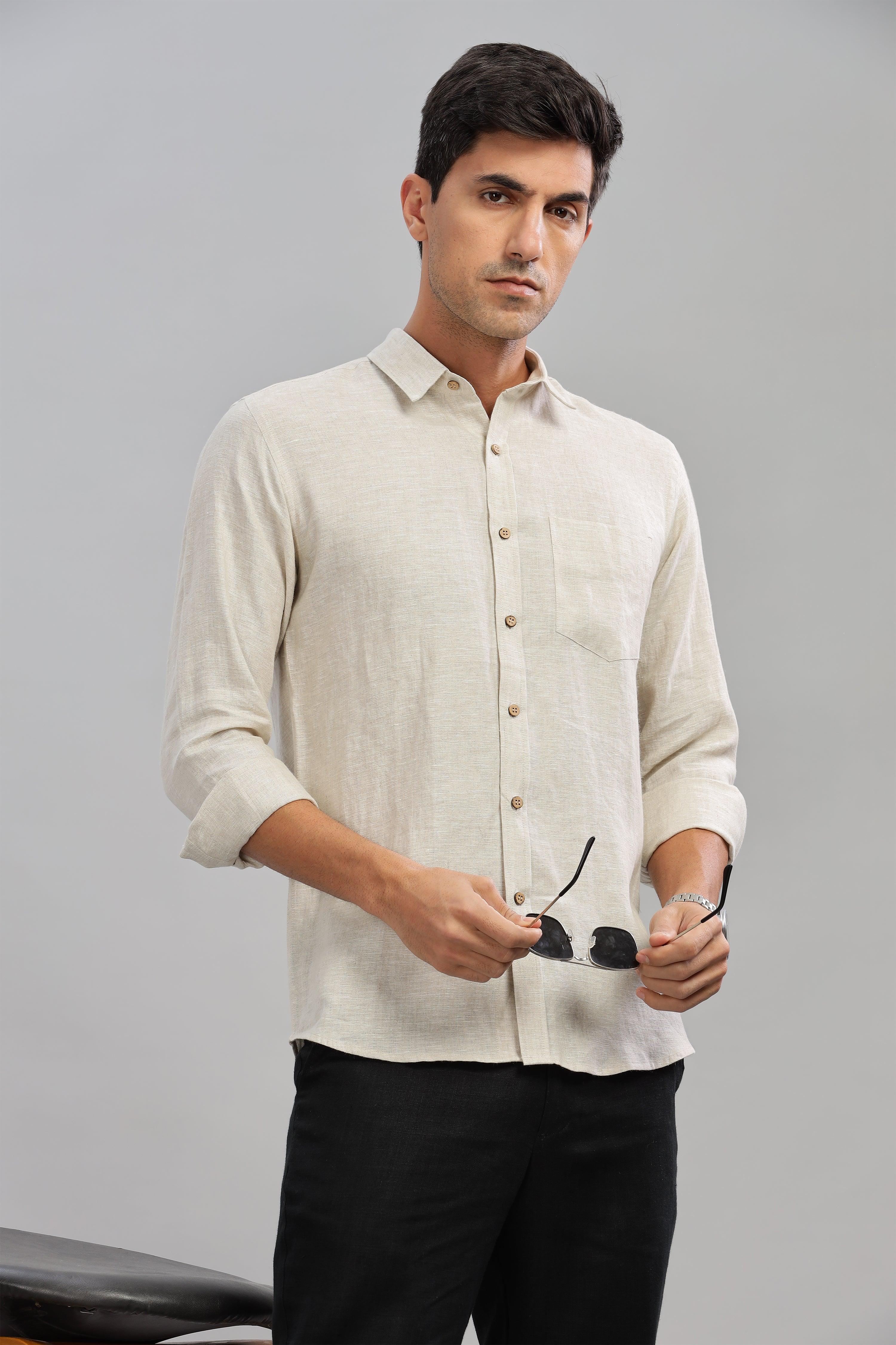 MARK - Everyday  Essential 100 % Pure Linen Natural Color Shirt Full Sleeves