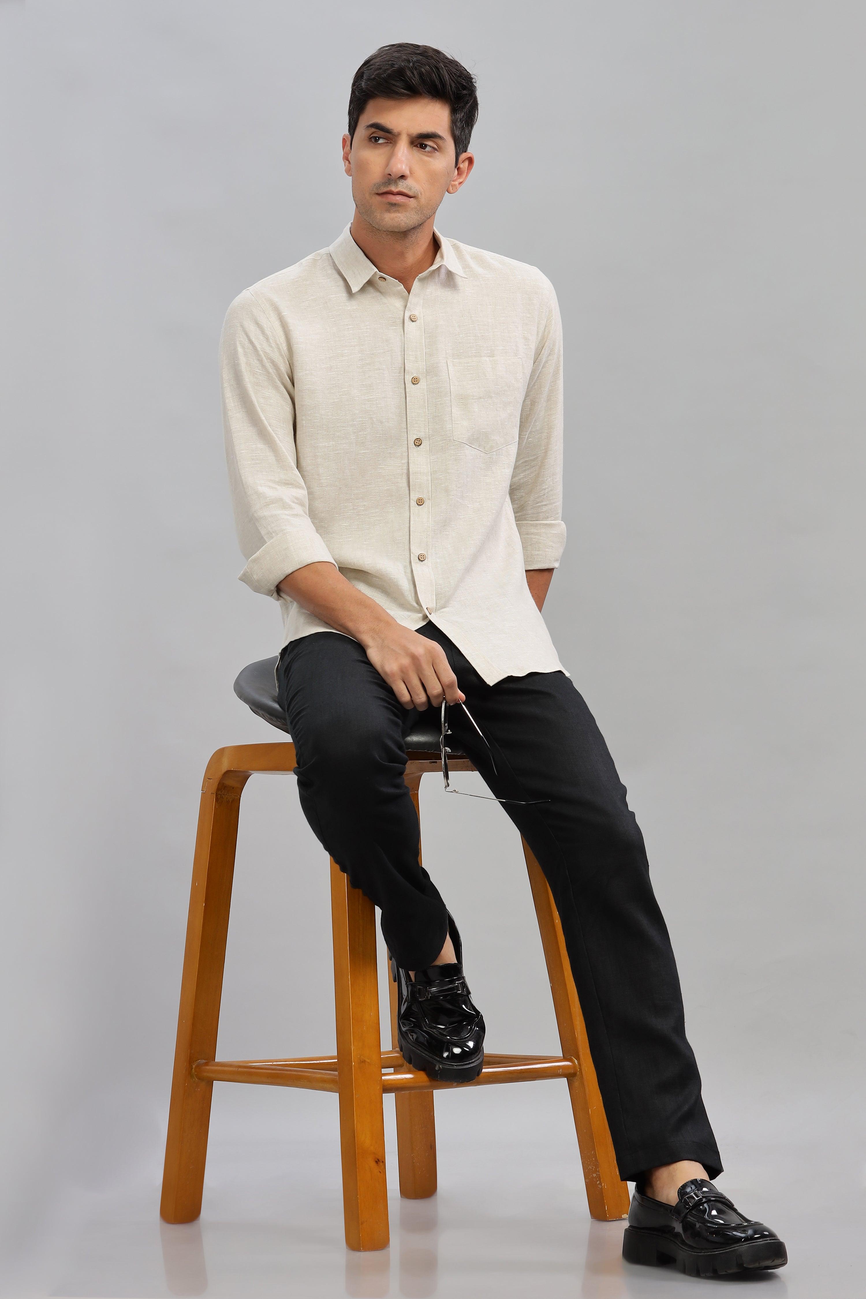 MARK - Everyday  Essential 100 % Pure Linen Natural Color Shirt Full Sleeves