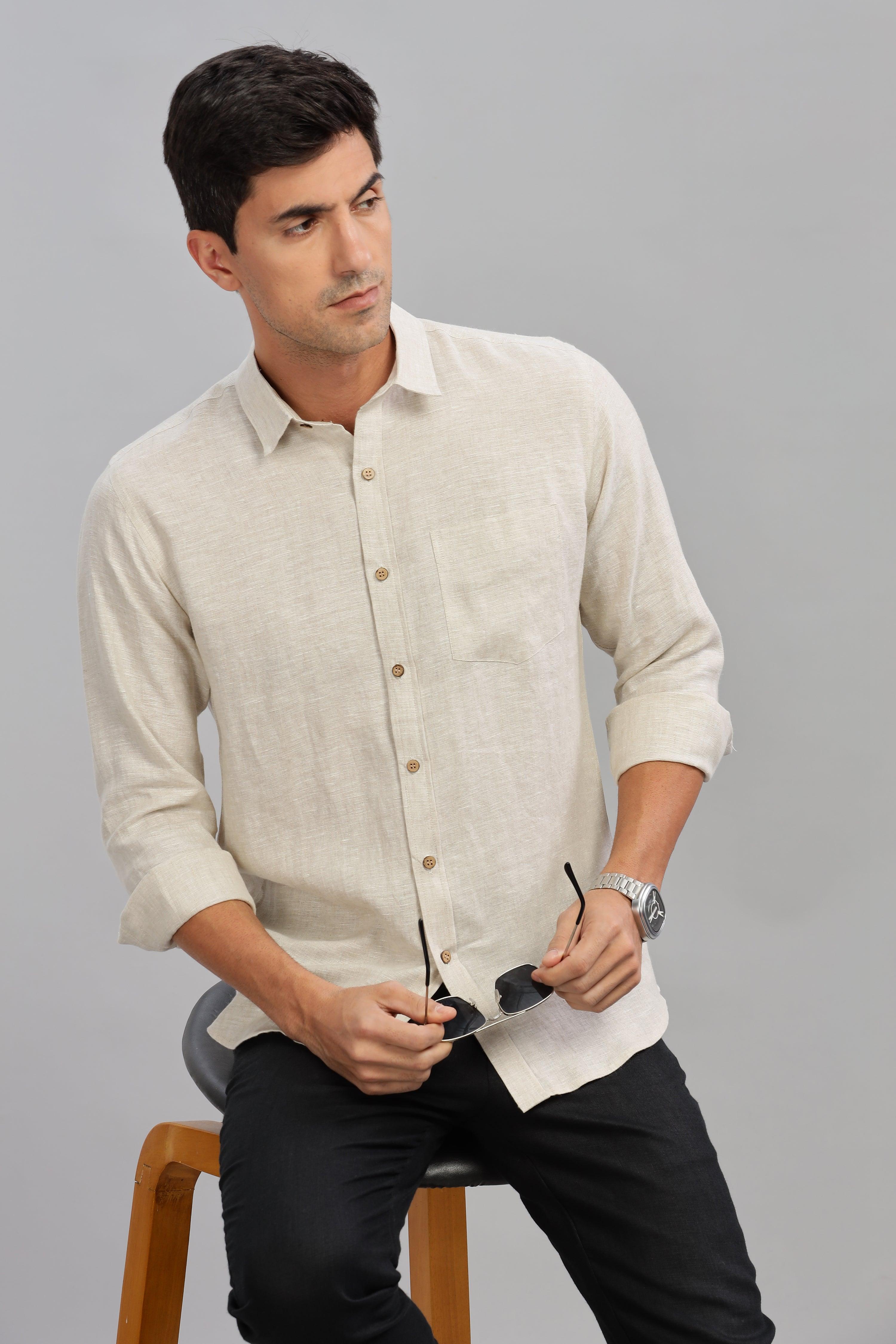 MARK - Everyday  Essential 100 % Pure Linen Natural Color Shirt Full Sleeves
