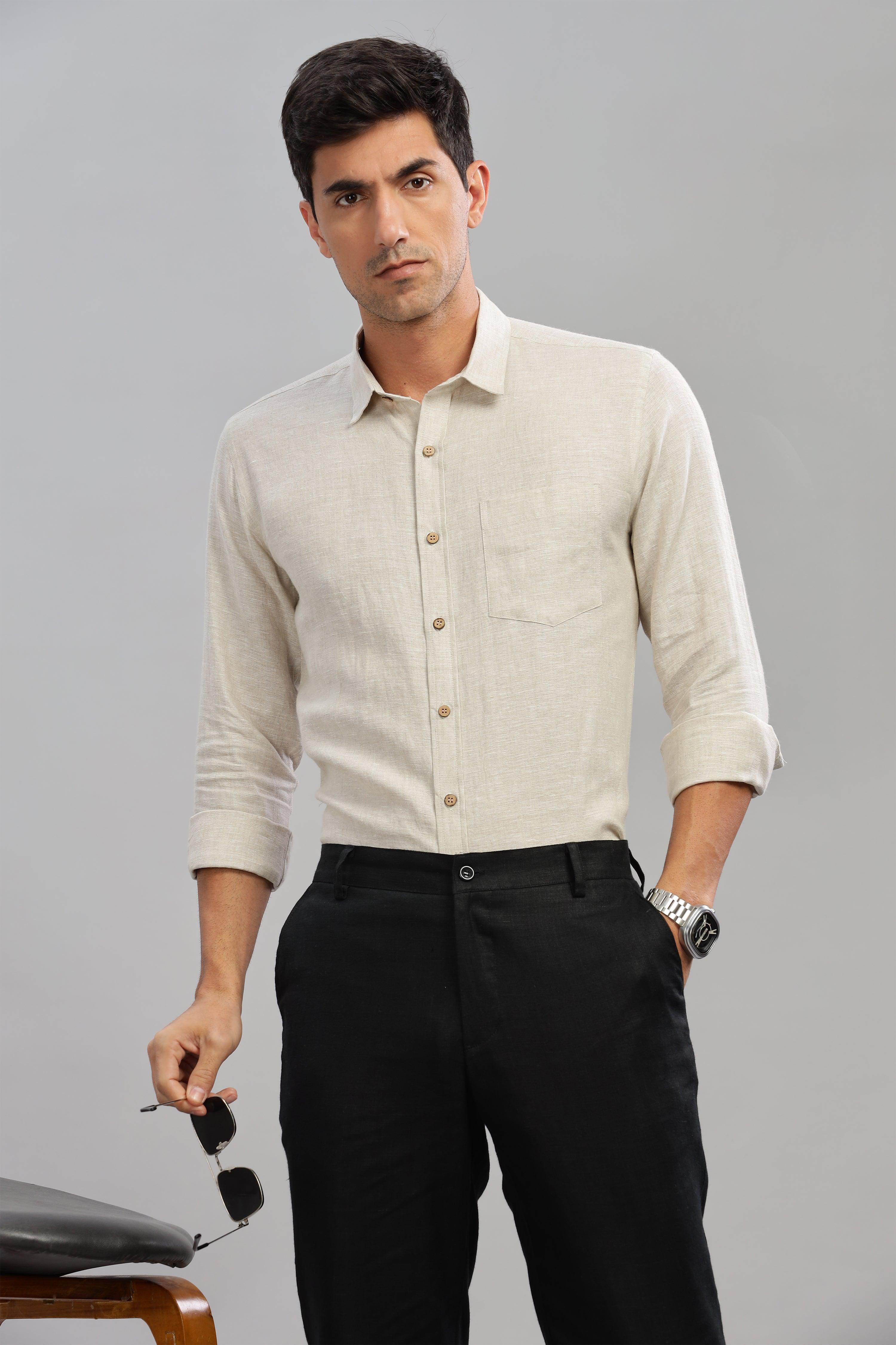 MARK - Everyday  Essential 100 % Pure Linen Natural Color Shirt Full Sleeves