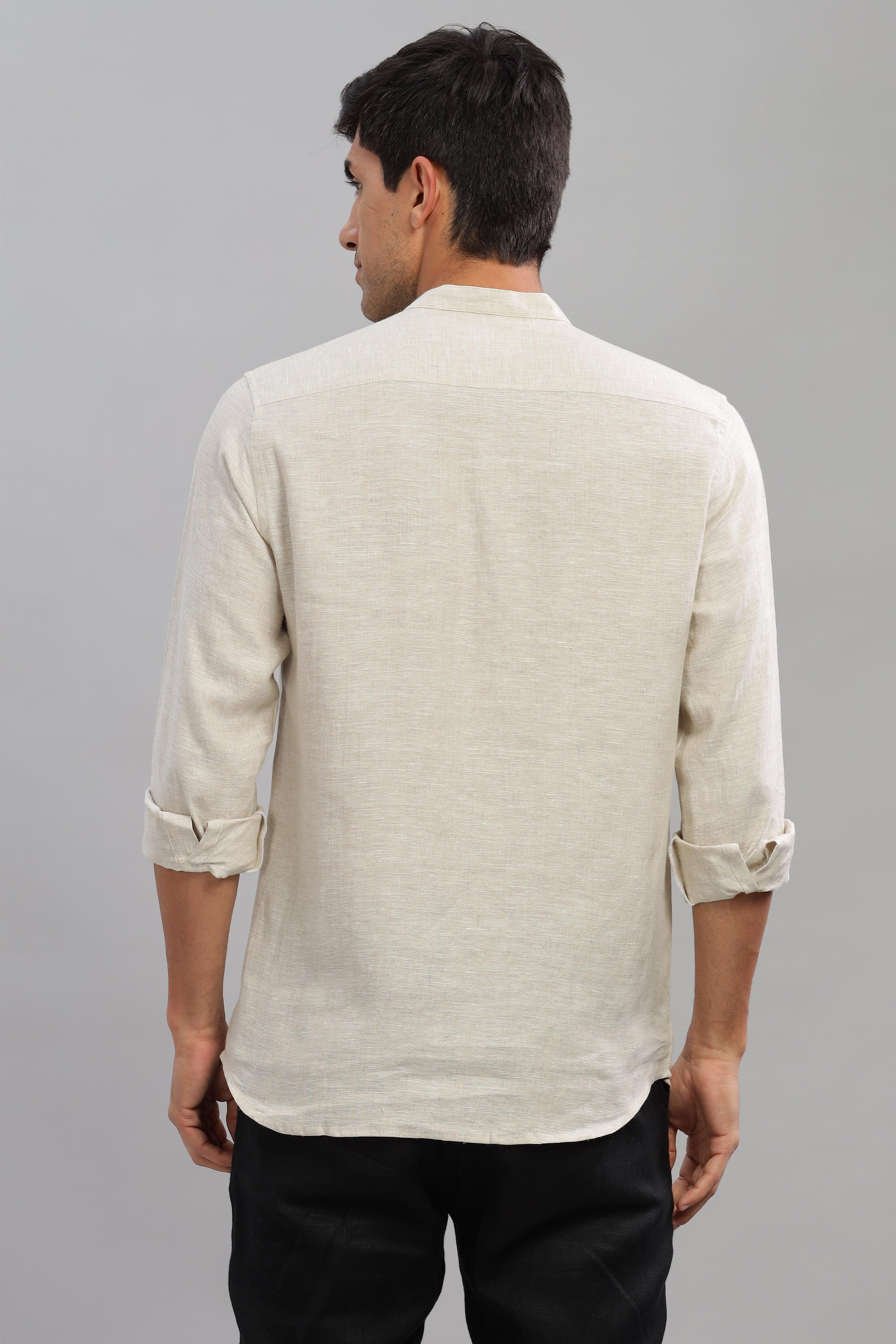 NILE Long Sleeves - 100% Pure Linen Half Placket Natural Shirt