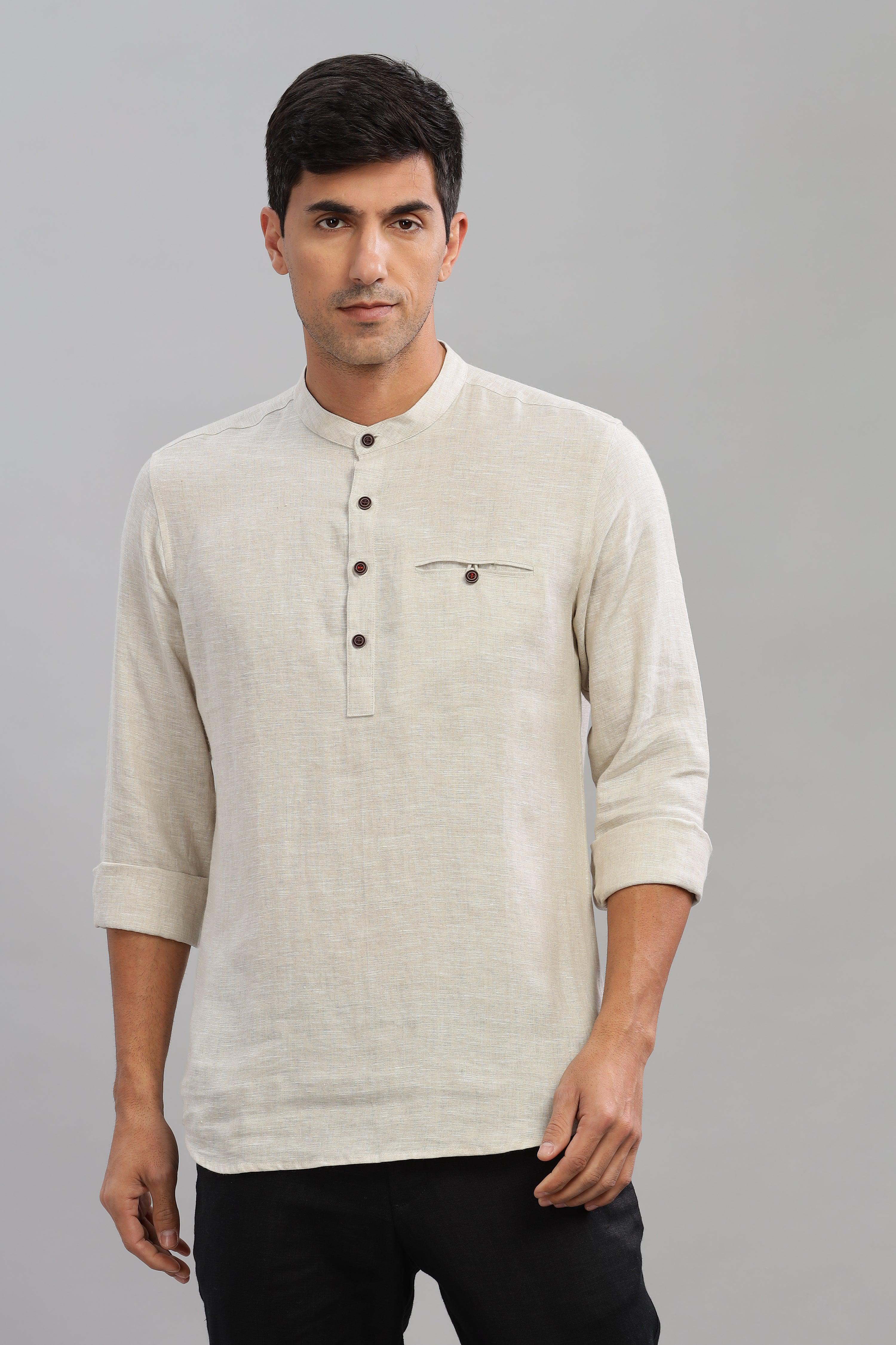 NILE Long Sleeves - 100% Pure Linen Half Placket Natural Shirt
