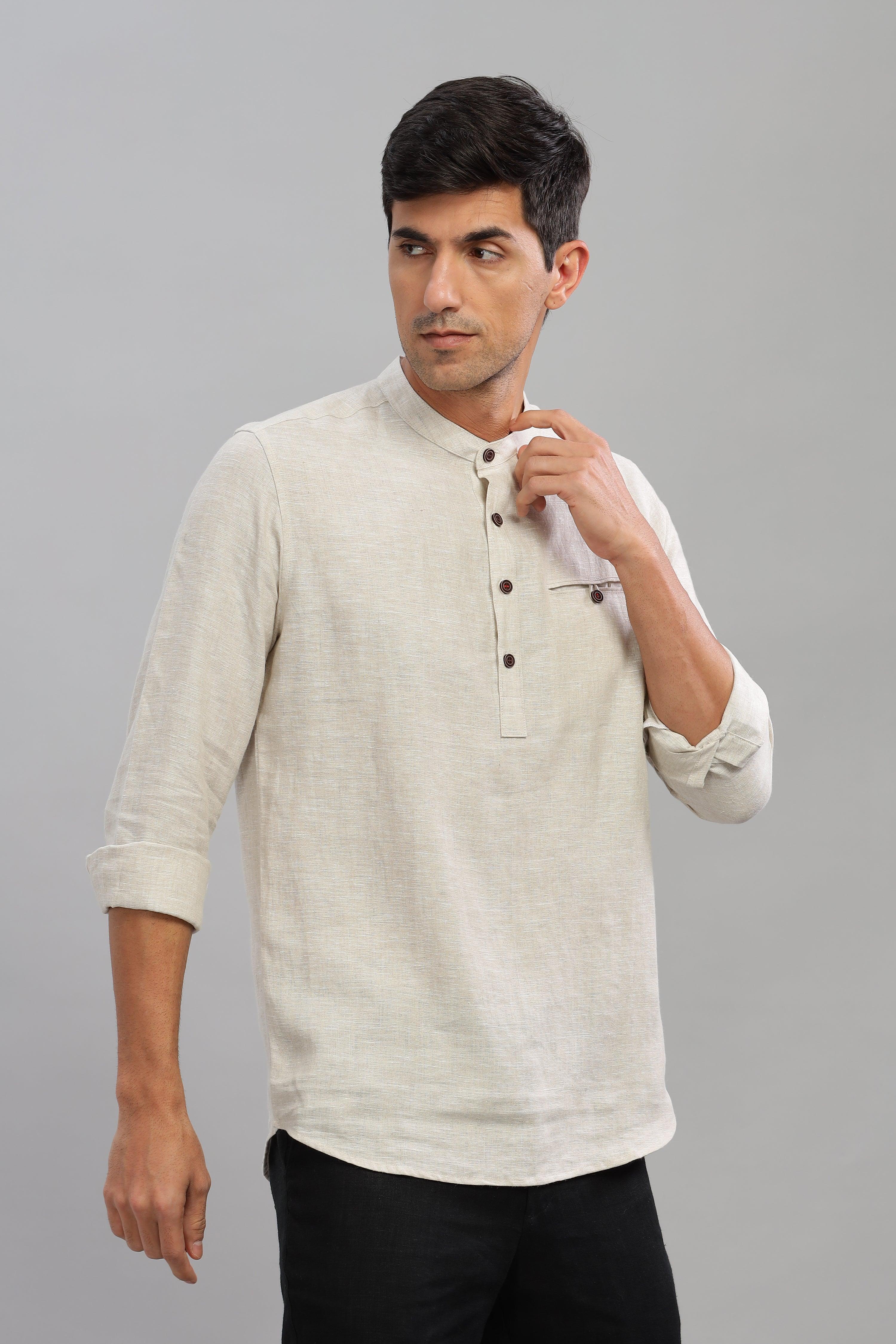 NILE Long Sleeves - 100% Pure Linen Half Placket Natural Shirt