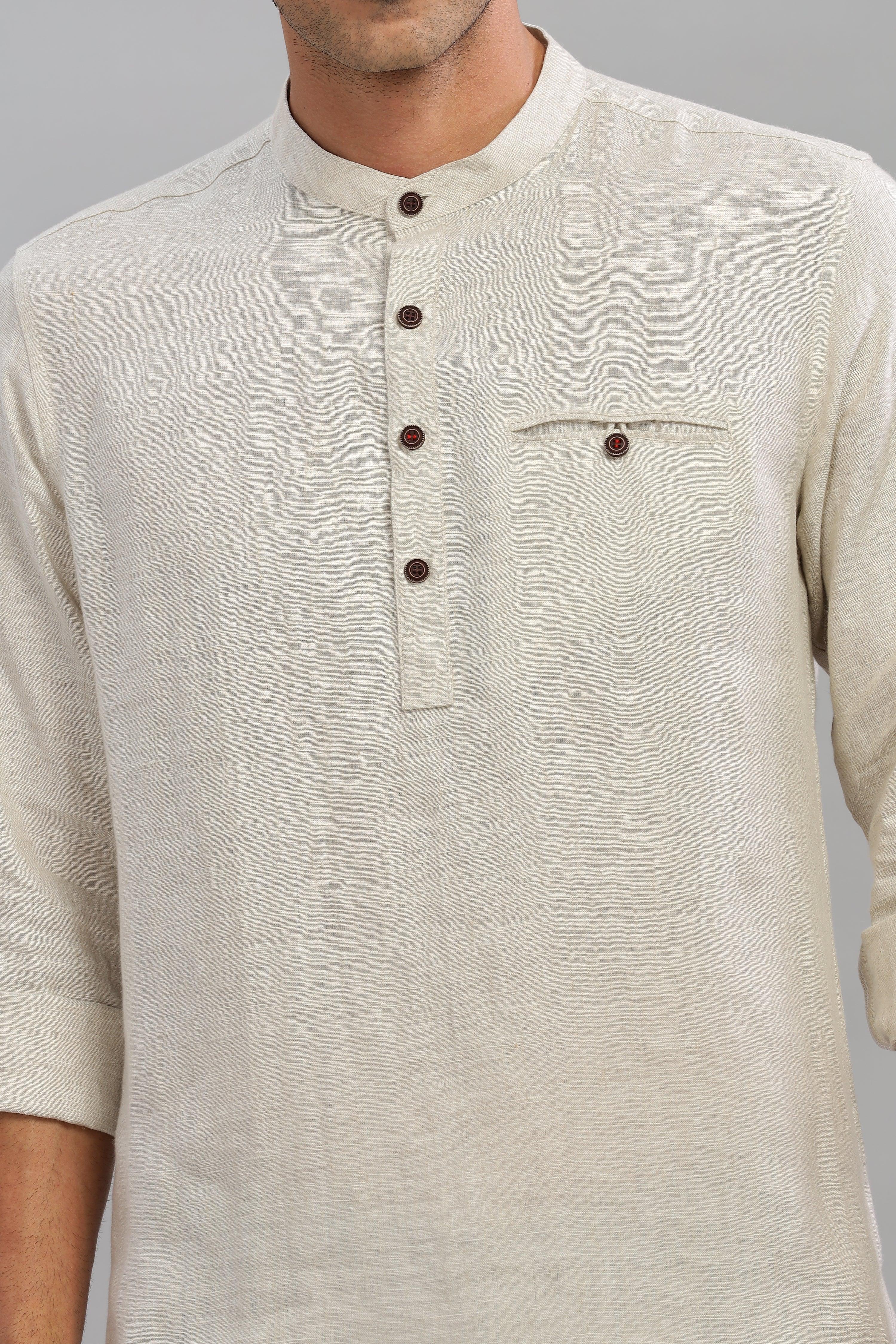 NILE Long Sleeves - 100% Pure Linen Half Placket Natural Shirt