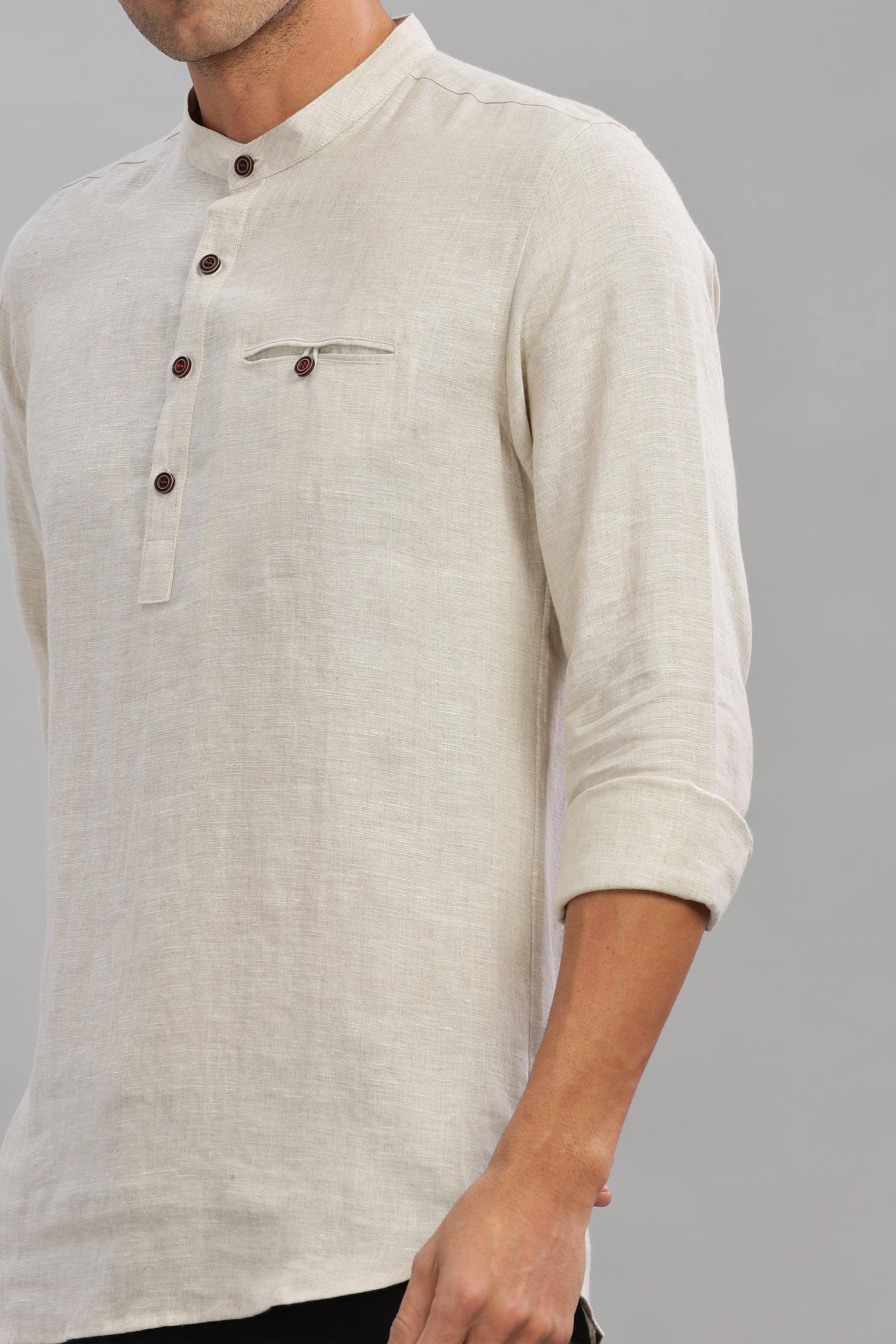 NILE Long Sleeves - 100% Pure Linen Half Placket Natural Shirt