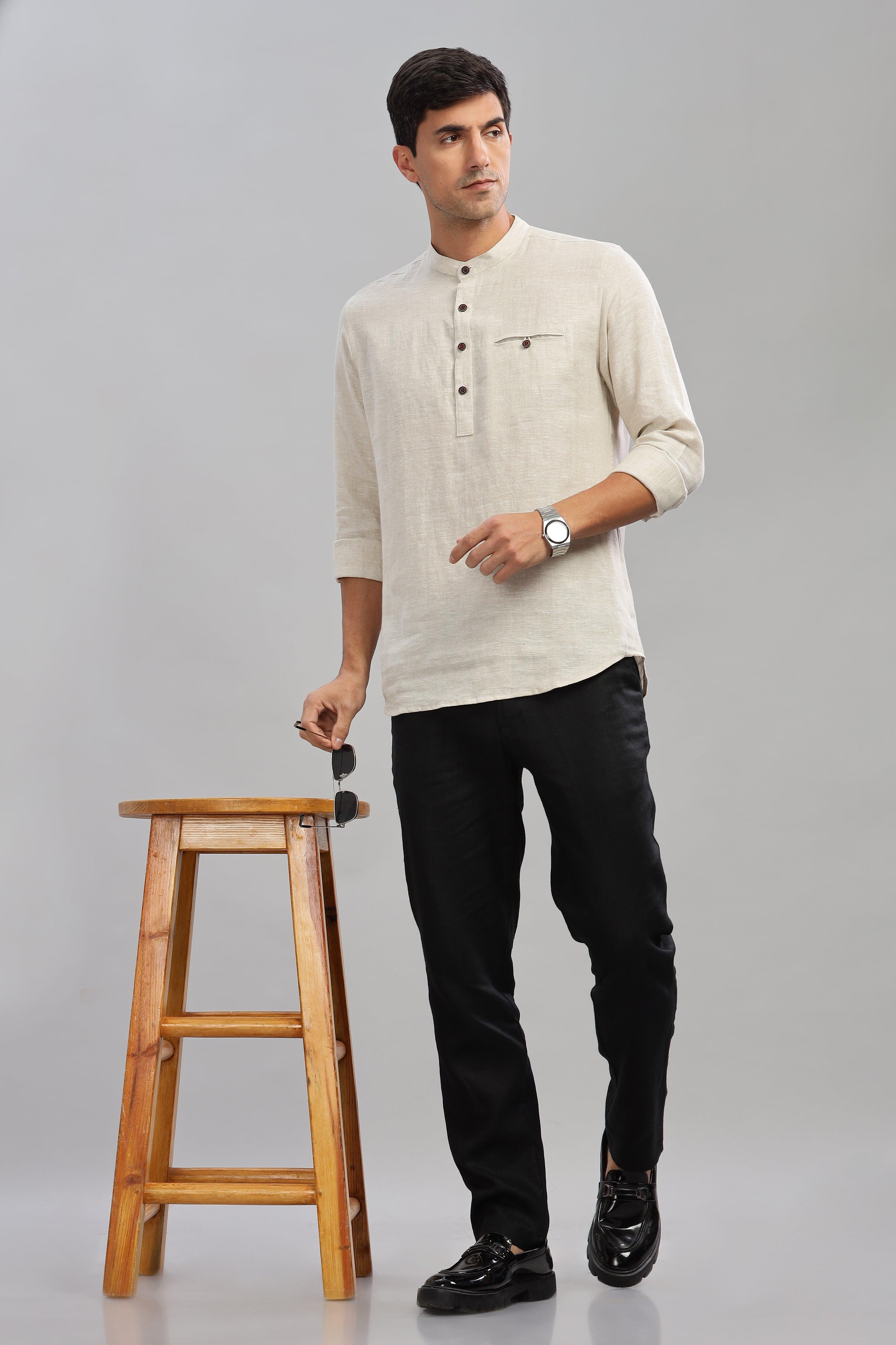 NILE Long Sleeves - 100% Pure Linen Half Placket Natural Shirt