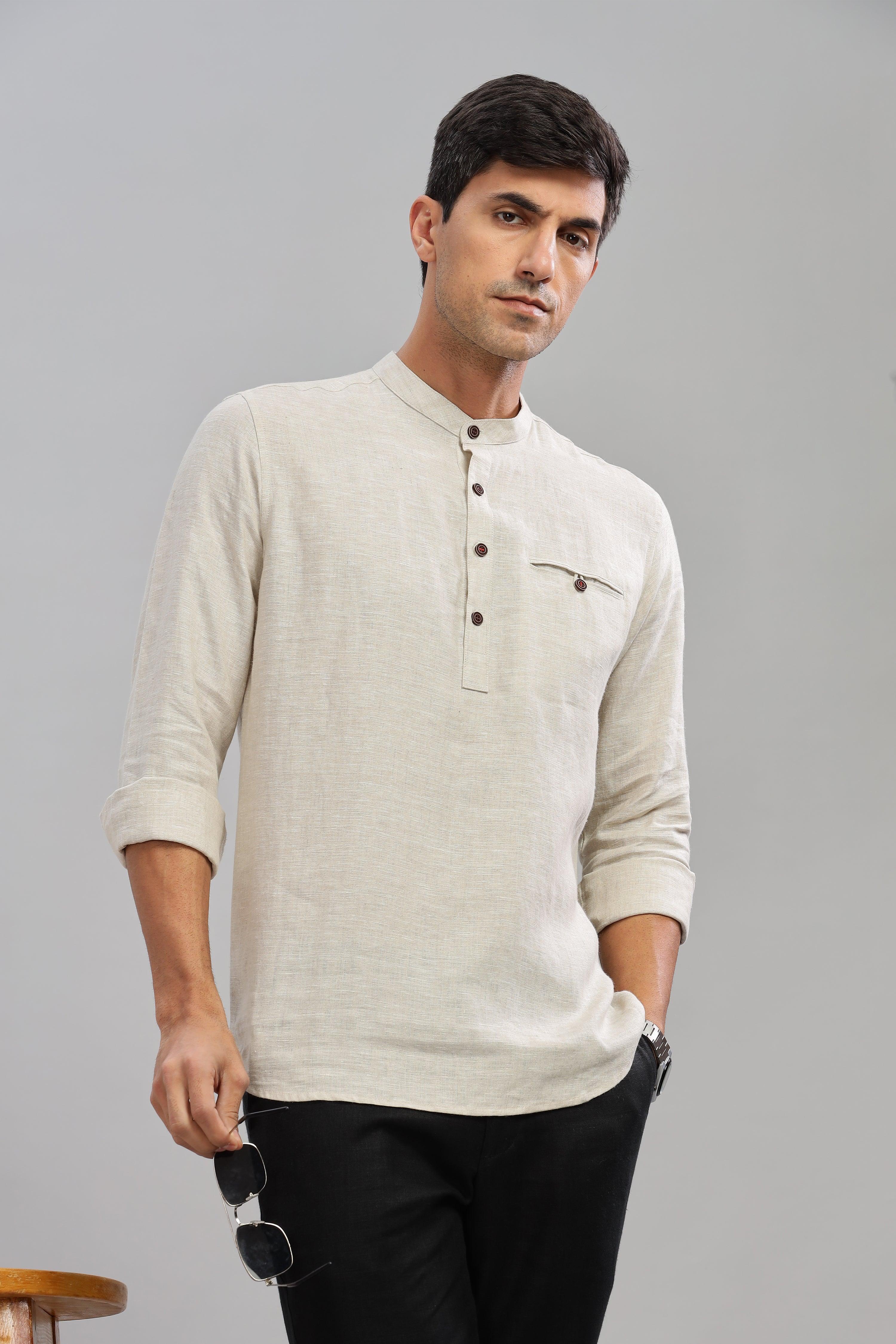 NILE Long Sleeves - 100% Pure Linen Half Placket Natural Shirt
